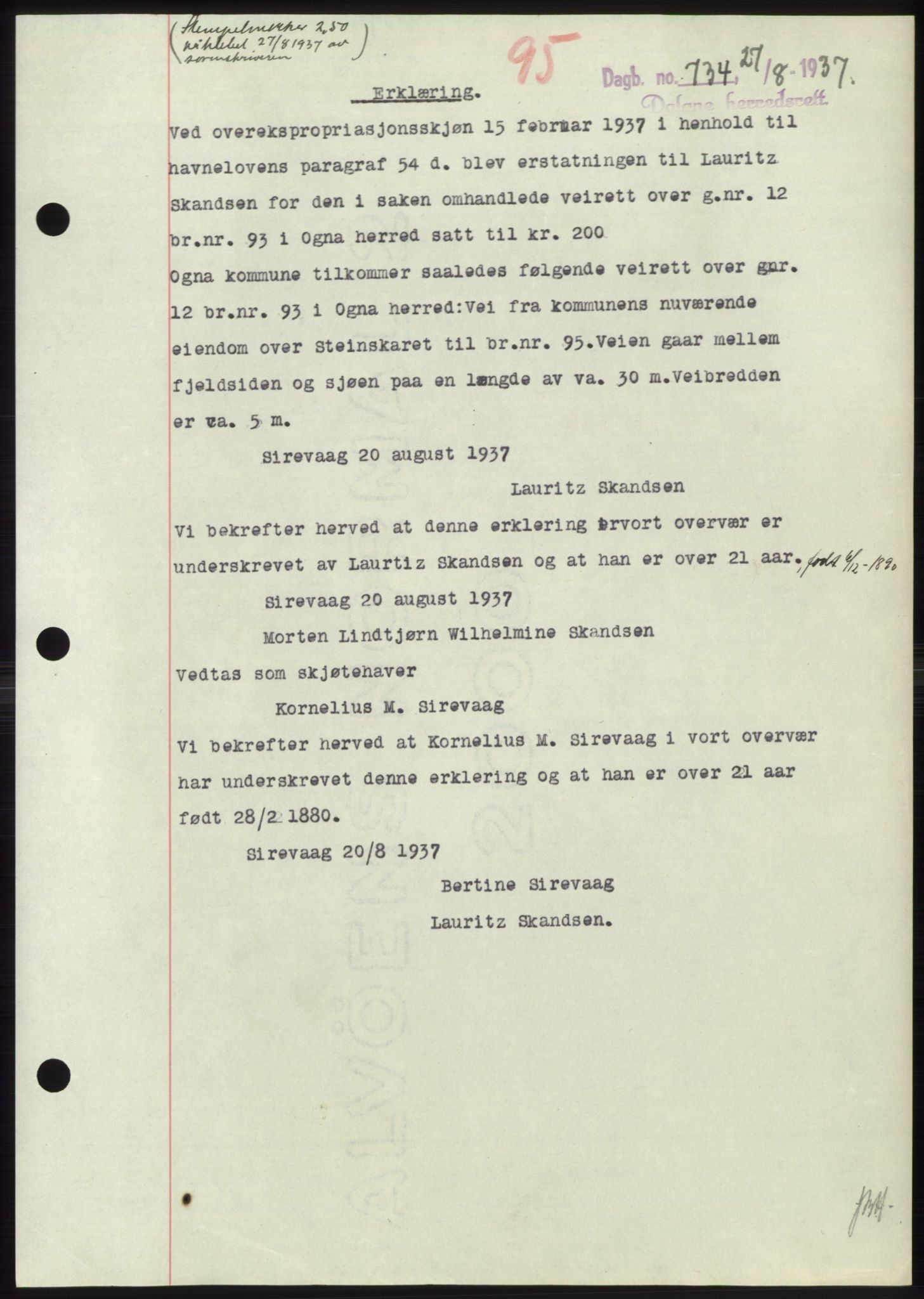 Dalane sorenskriveri, AV/SAST-A-100309/02/G/Gb/L0058: Mortgage book, 1926-1950, Deed date: 27.08.1937