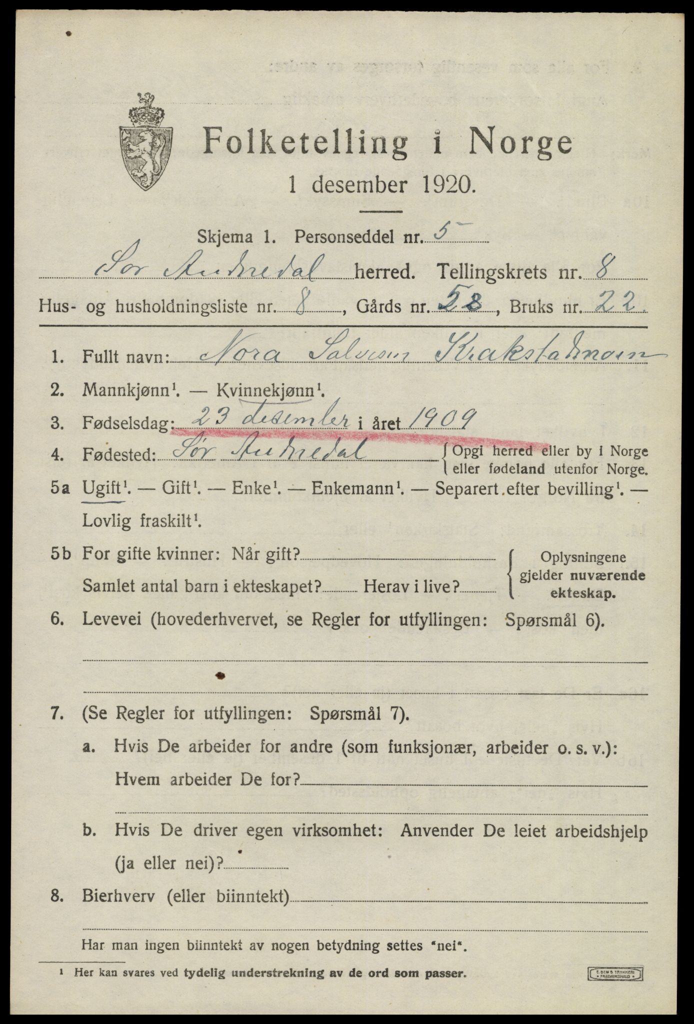 SAK, 1920 census for Sør-Audnedal, 1920, p. 3277