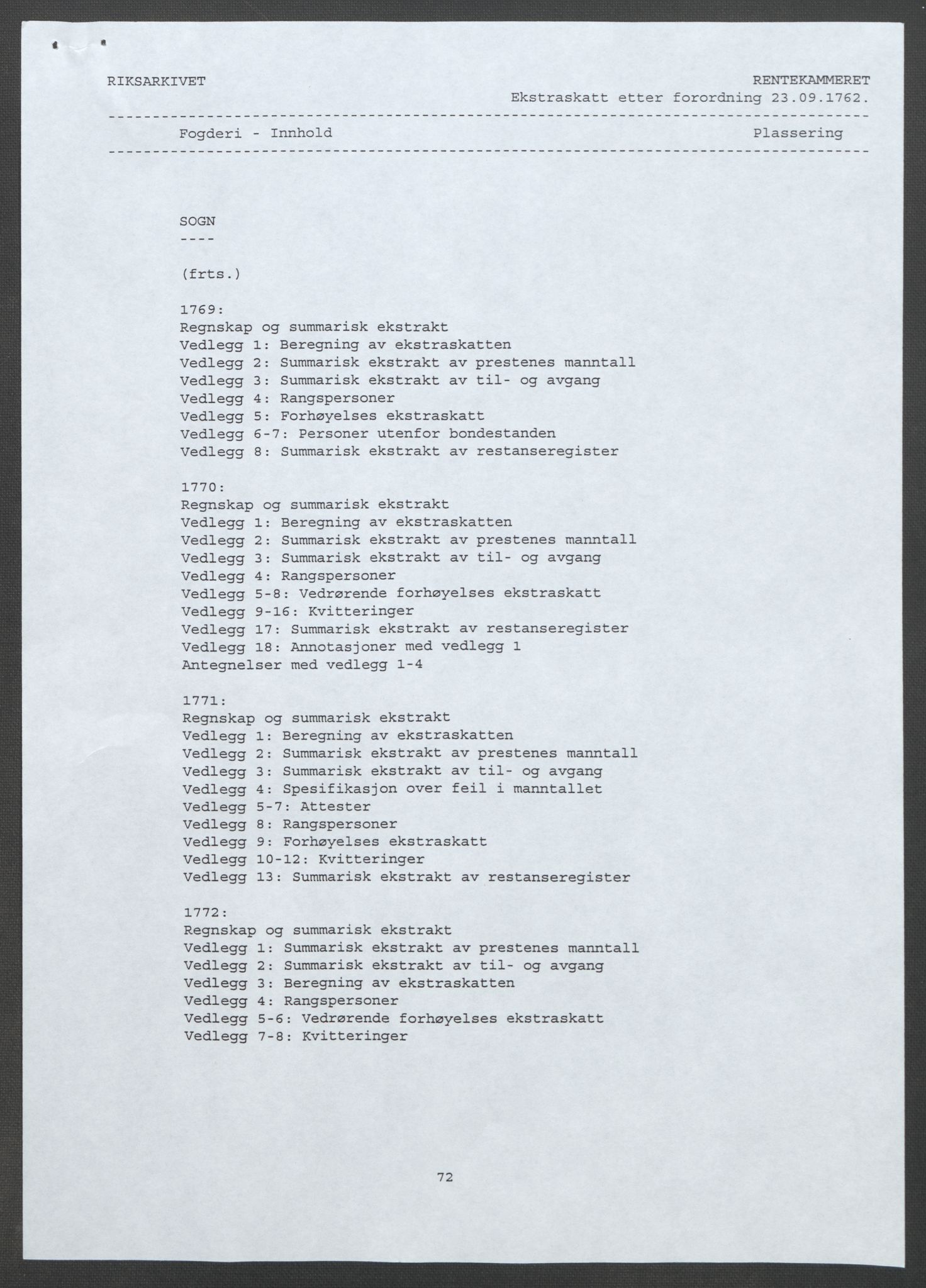 Rentekammeret inntil 1814, Reviderte regnskaper, Fogderegnskap, AV/RA-EA-4092/R52/L3418: Ekstraskatten Sogn, 1762-1769, p. 4