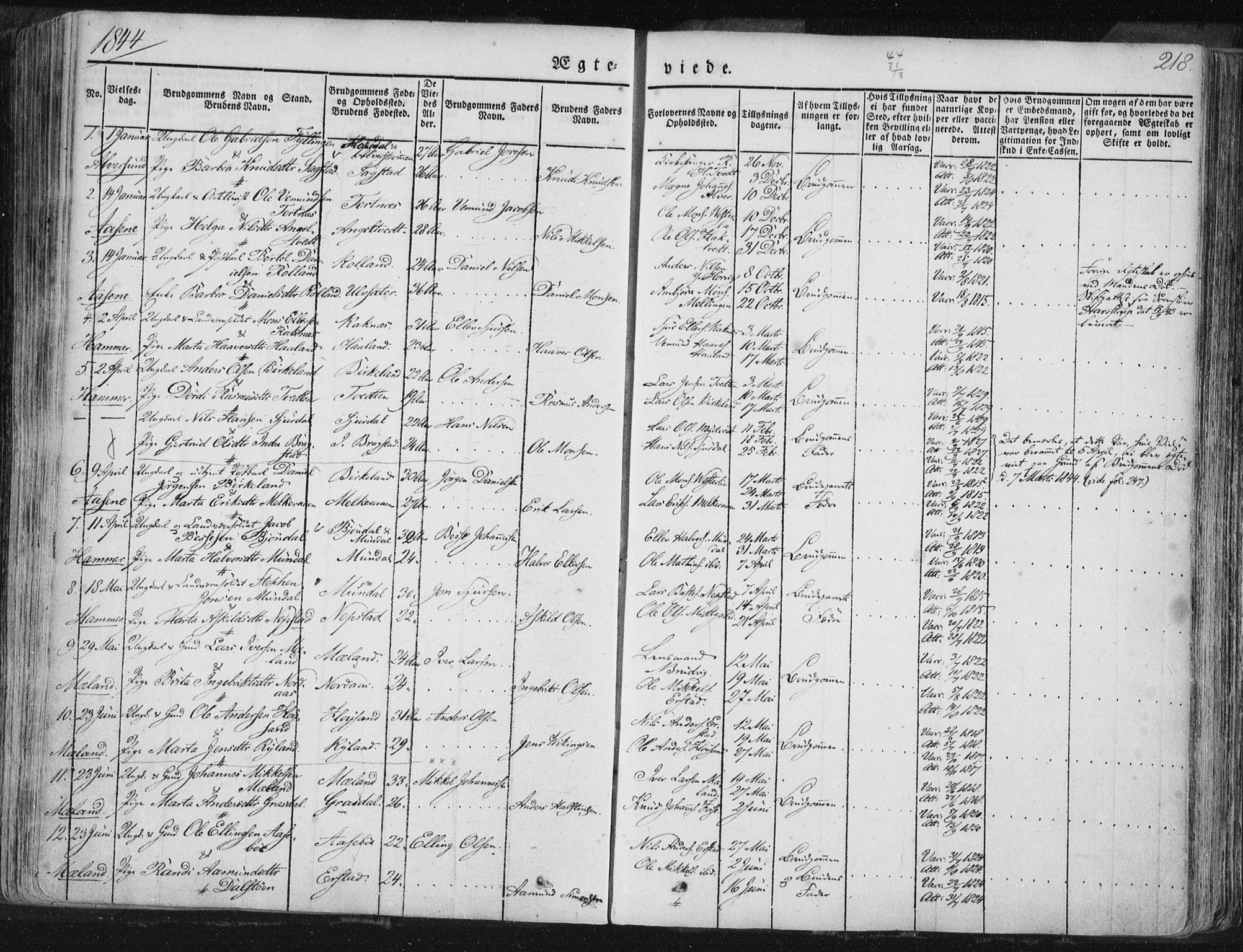 Hamre sokneprestembete, SAB/A-75501/H/Ha/Haa/Haaa/L0012: Parish register (official) no. A 12, 1834-1845, p. 218
