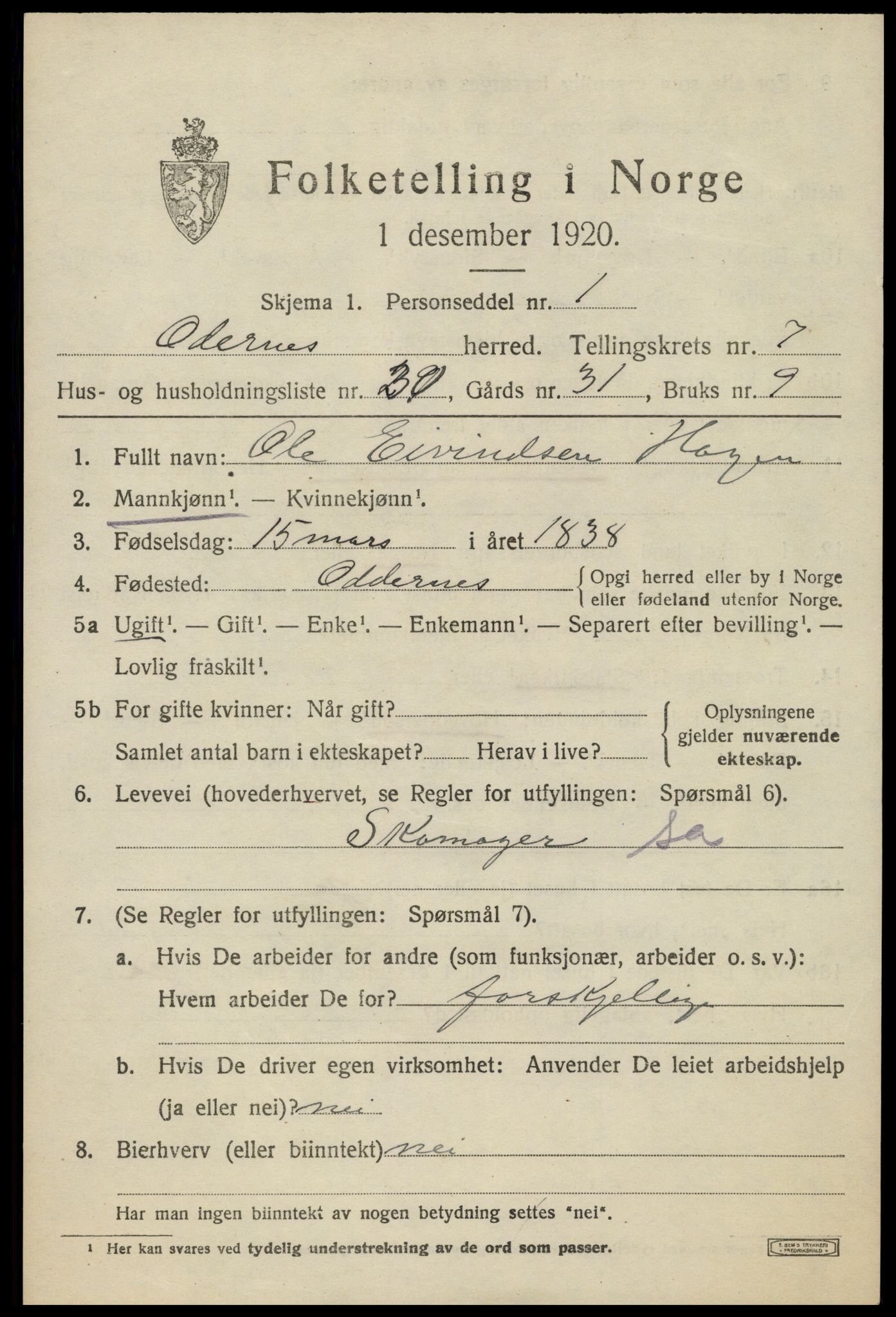 SAK, 1920 census for Oddernes, 1920, p. 5545