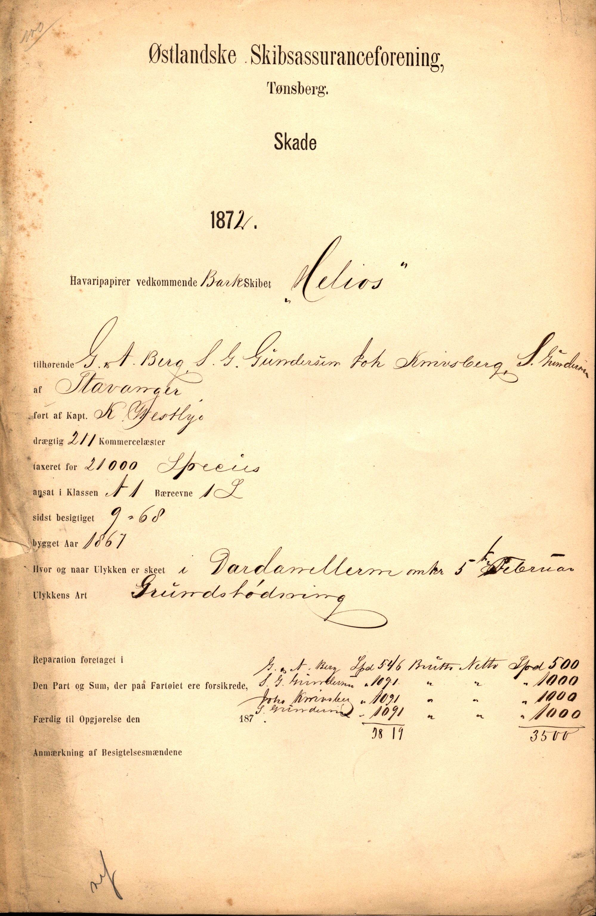 Pa 63 - Østlandske skibsassuranceforening, VEMU/A-1079/G/Ga/L0004/0012: Havaridokumenter / Helios, 1872