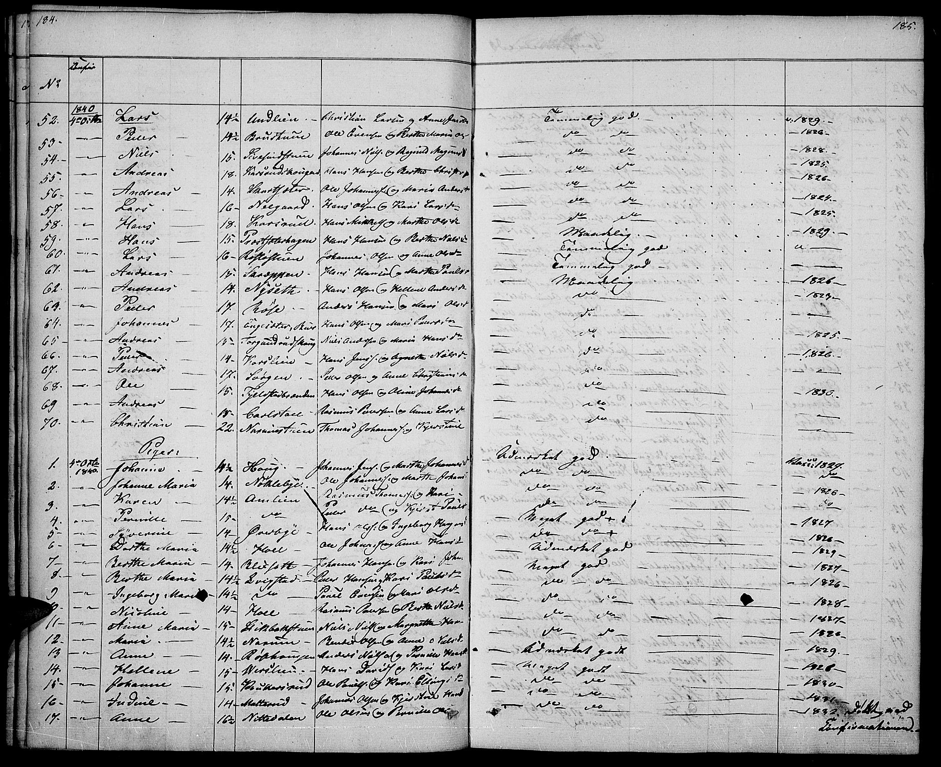 Vestre Toten prestekontor, AV/SAH-PREST-108/H/Ha/Haa/L0003: Parish register (official) no. 3, 1836-1843, p. 184-185