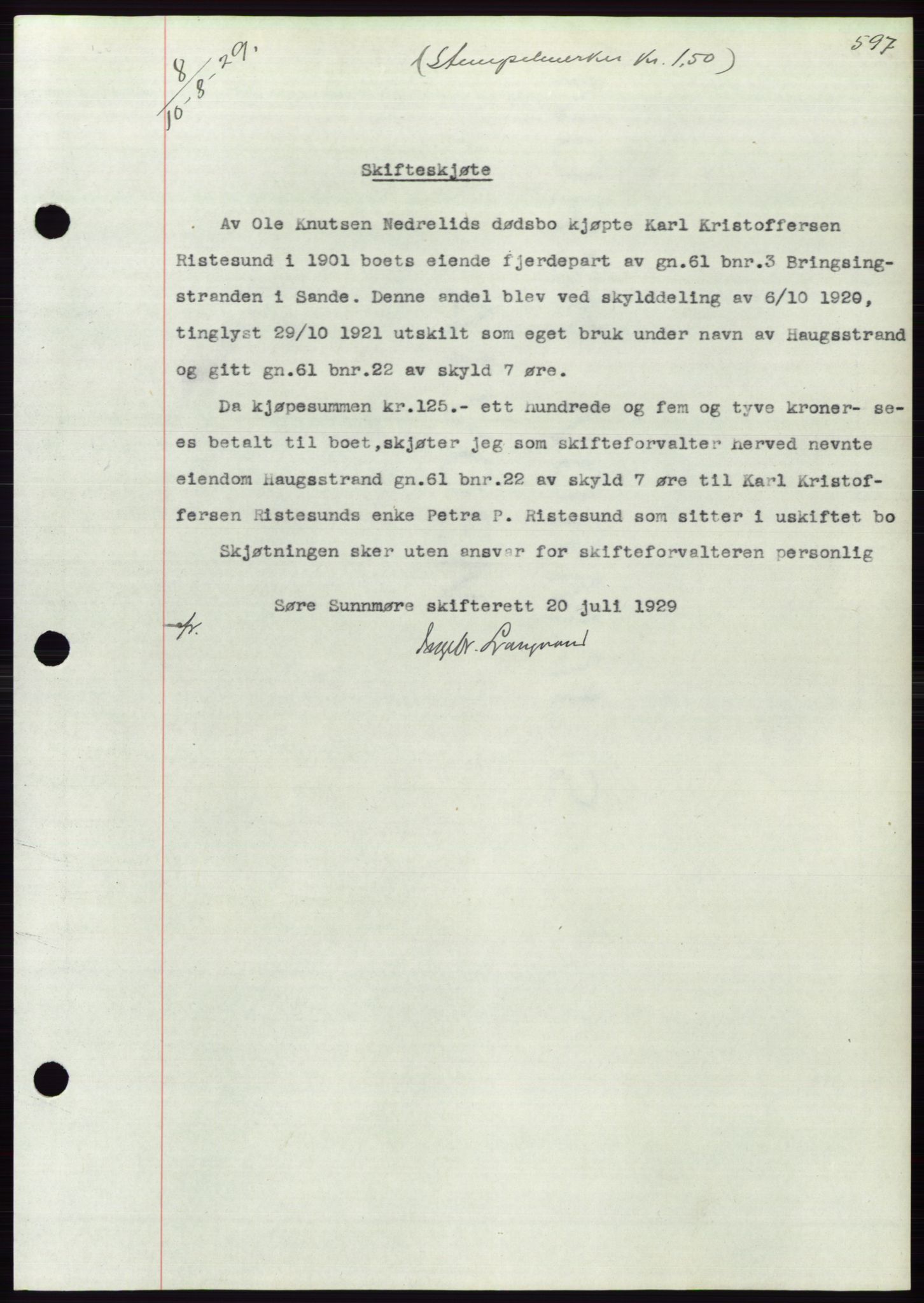 Søre Sunnmøre sorenskriveri, AV/SAT-A-4122/1/2/2C/L0049: Mortgage book no. 43, 1929-1929, Deed date: 10.08.1929