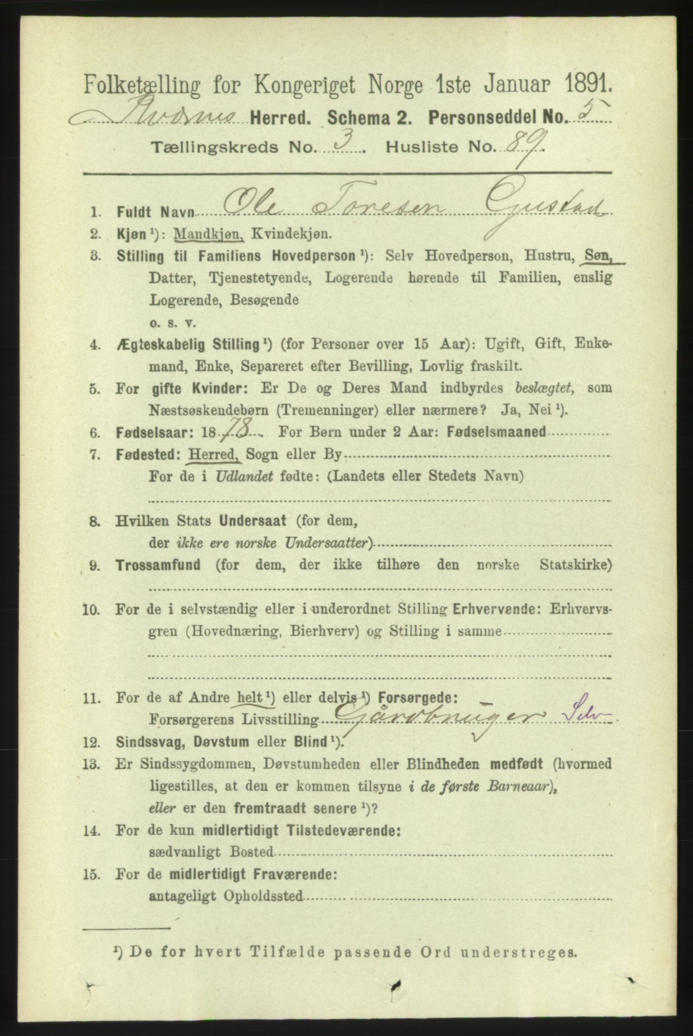 RA, 1891 census for 1553 Kvernes, 1891, p. 1660