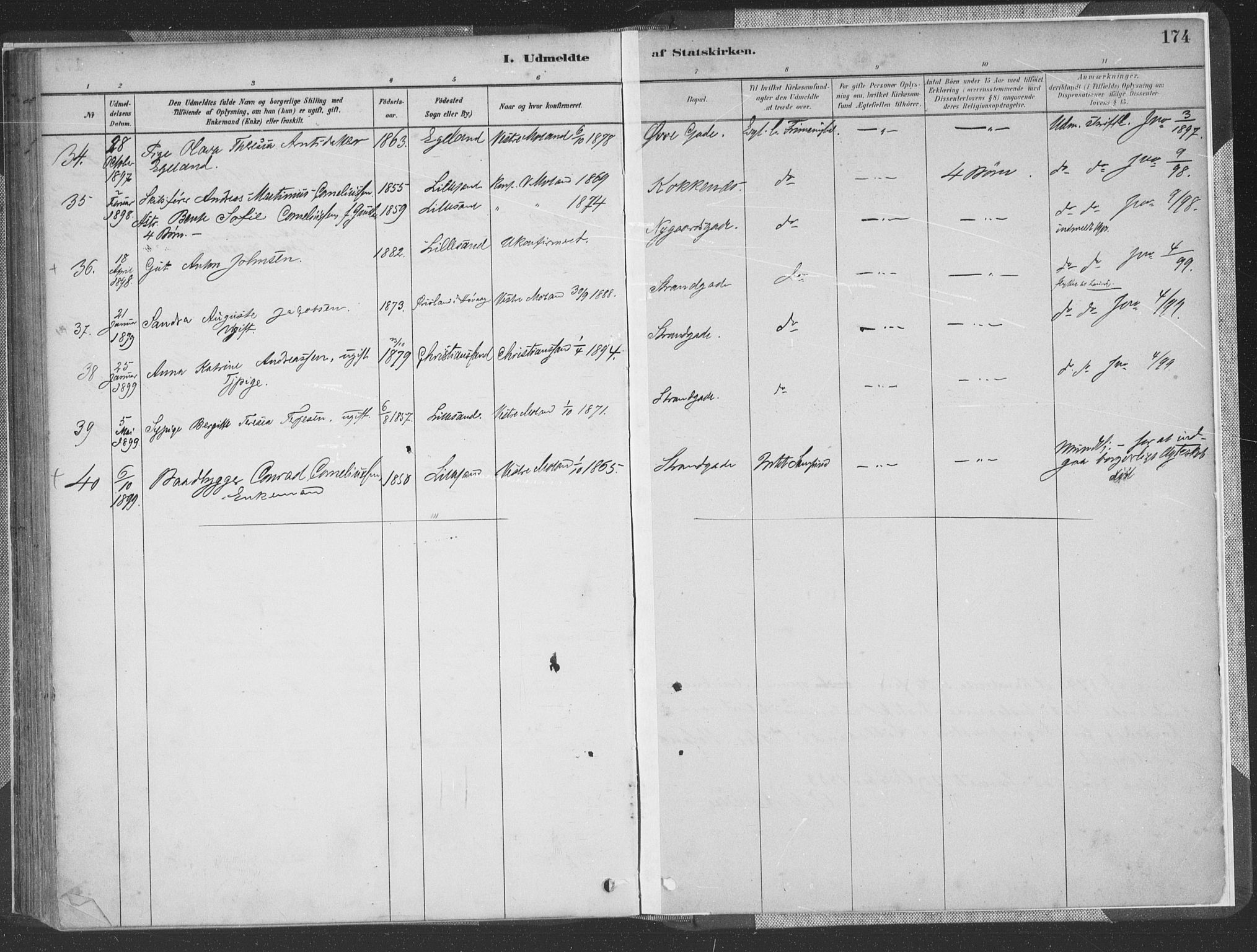 Vestre Moland sokneprestkontor, AV/SAK-1111-0046/F/Fa/Faa/L0001: Parish register (official) no. A 1, 1884-1899, p. 174
