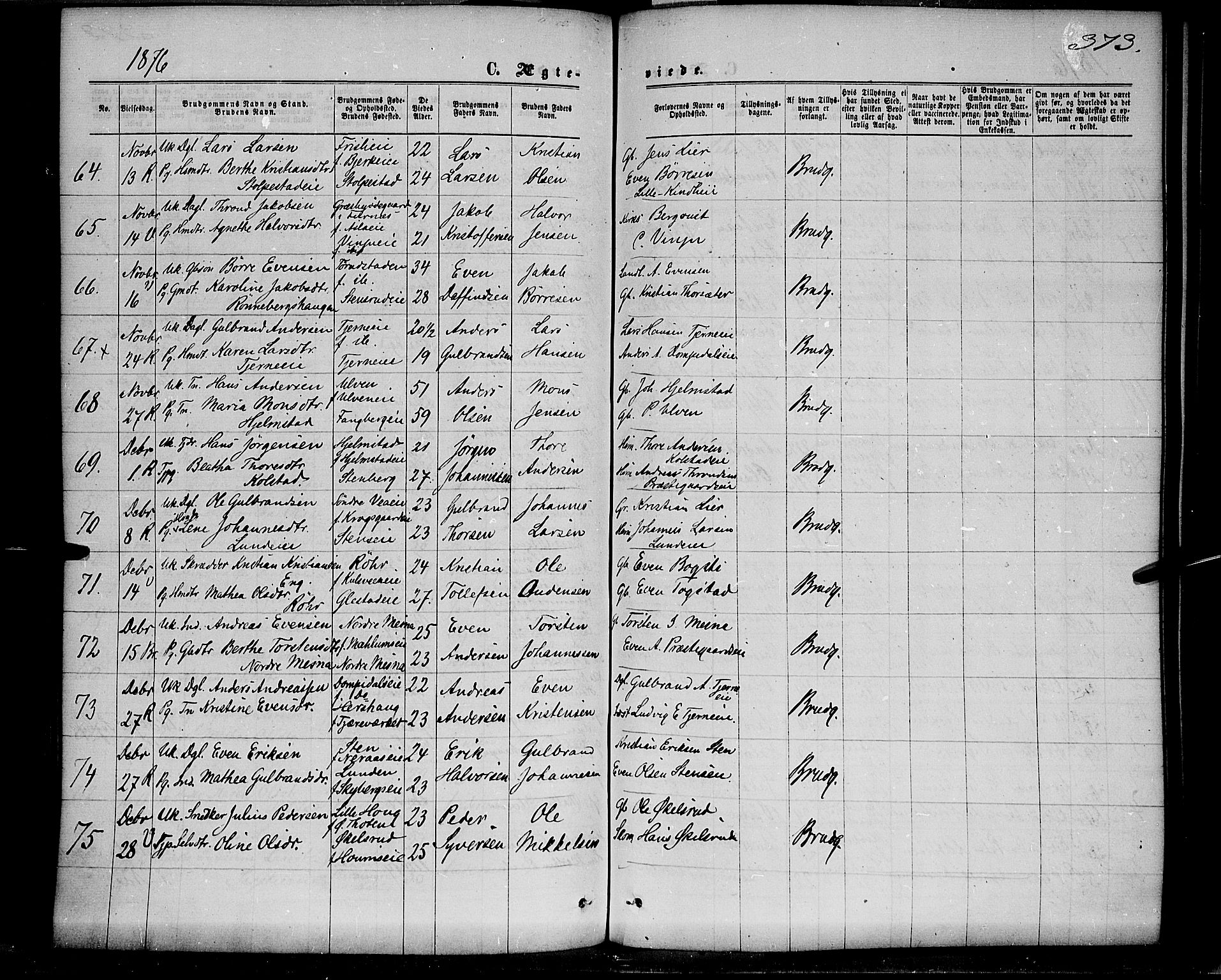 Ringsaker prestekontor, AV/SAH-PREST-014/K/Ka/L0011: Parish register (official) no. 11, 1870-1878, p. 373