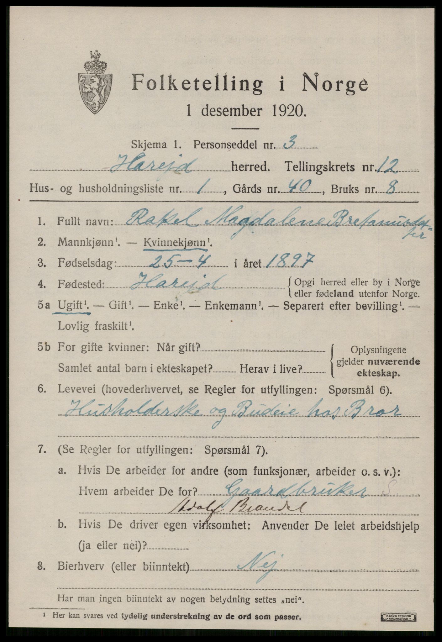 SAT, 1920 census for Hareid, 1920, p. 4597