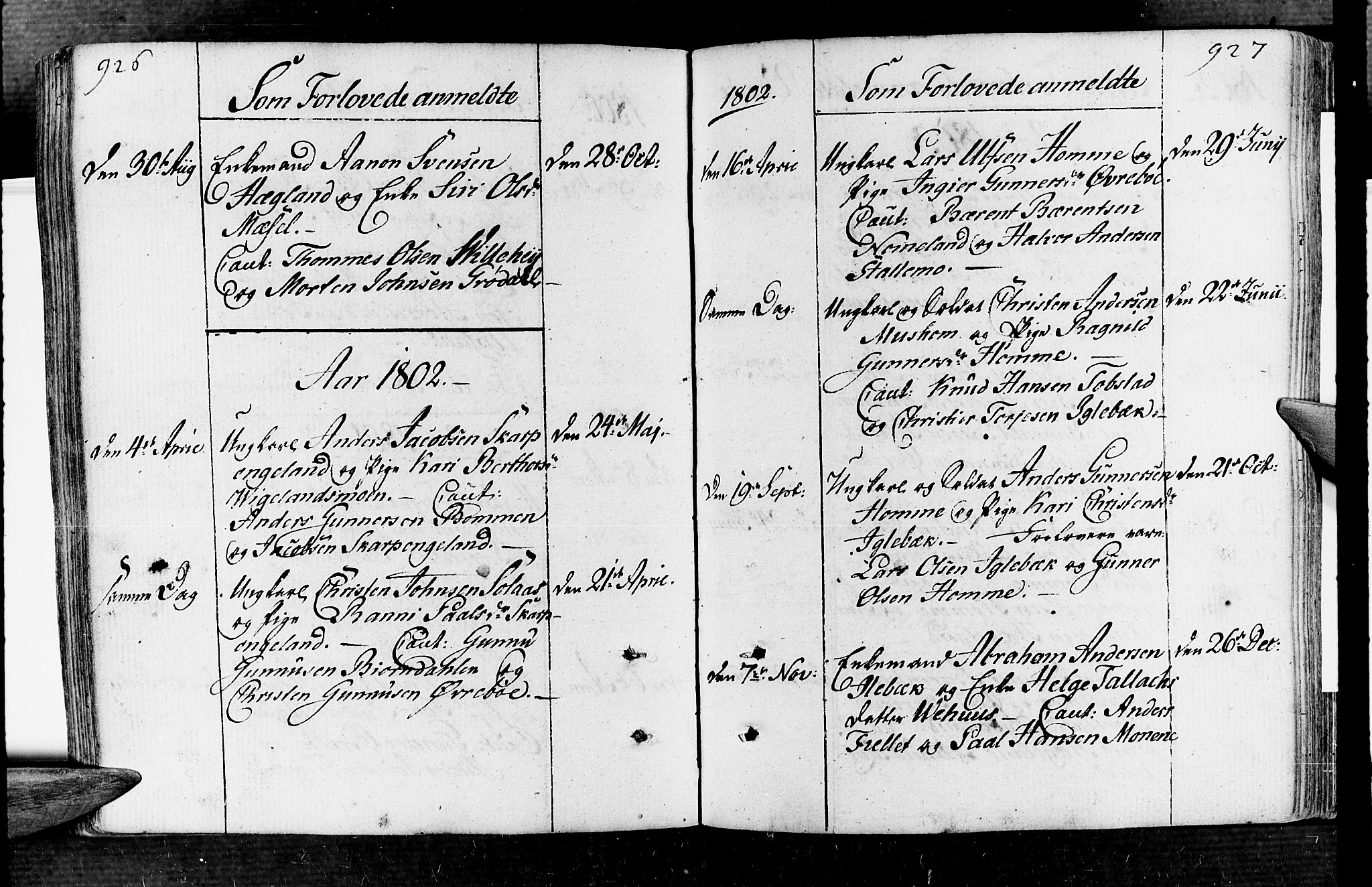 Vennesla sokneprestkontor, AV/SAK-1111-0045/Fa/Fac/L0002: Parish register (official) no. A 2, 1785-1834, p. 926-927