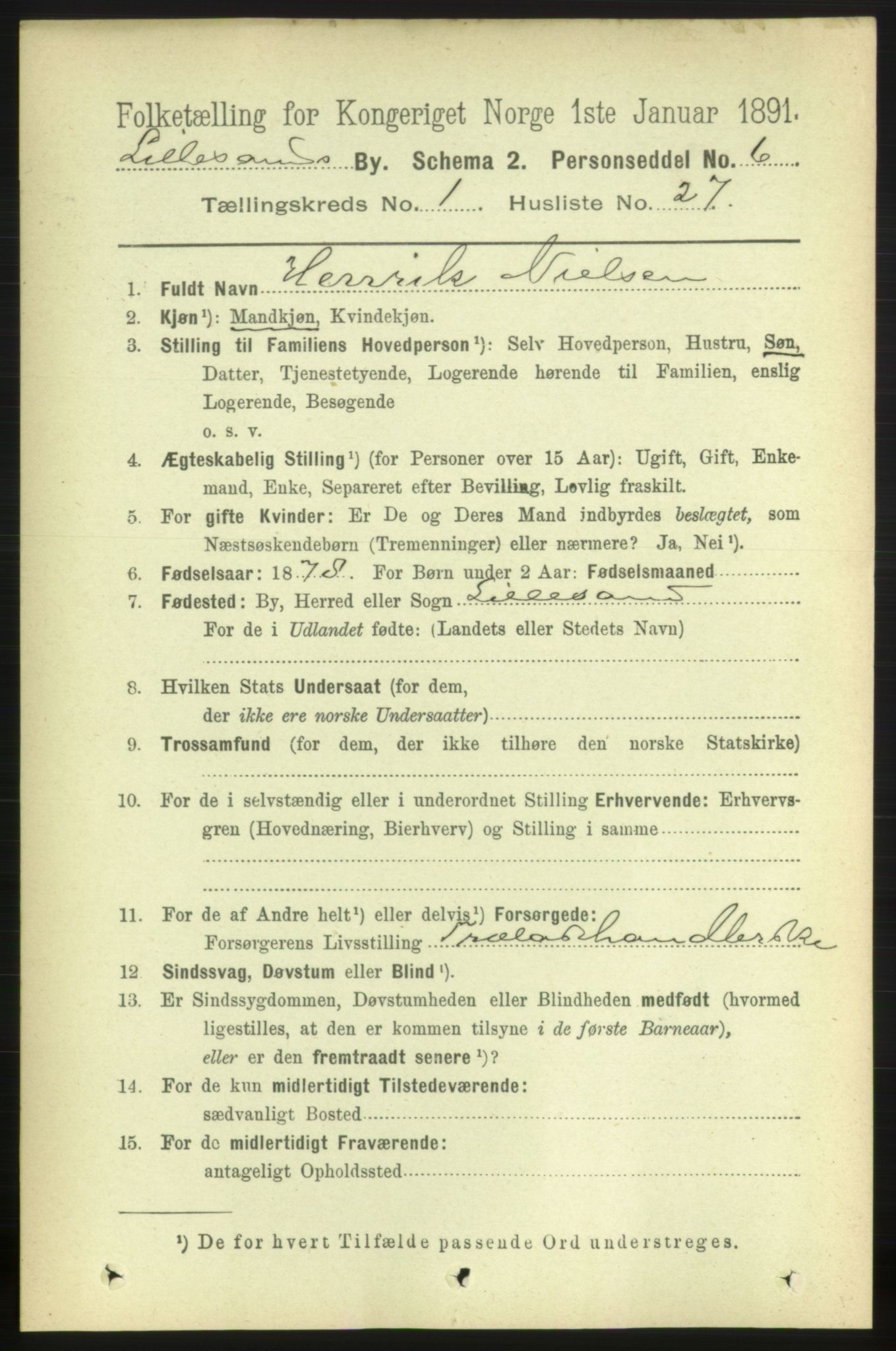 RA, 1891 census for 0905 Lillesand, 1891, p. 168