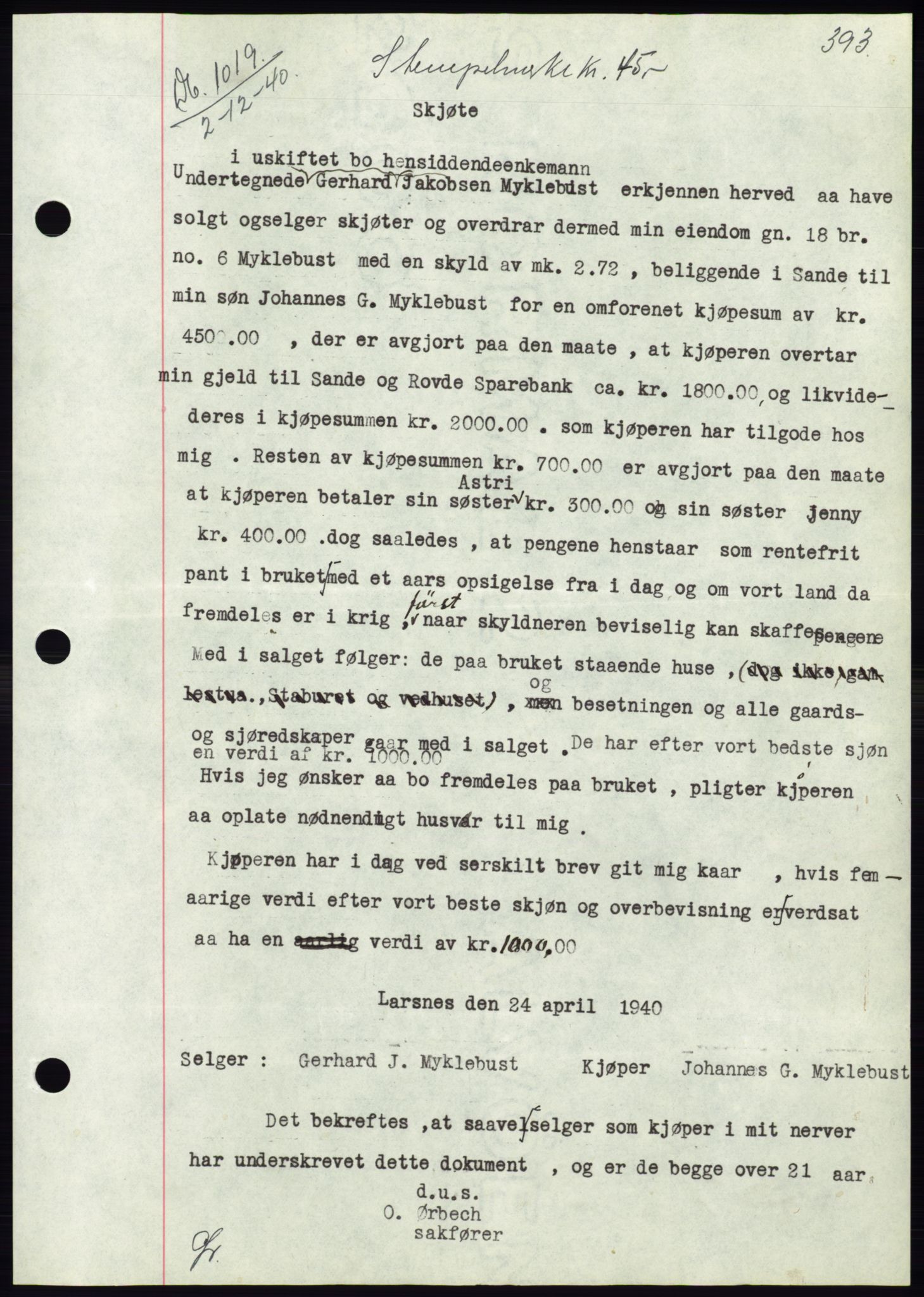 Søre Sunnmøre sorenskriveri, AV/SAT-A-4122/1/2/2C/L0070: Mortgage book no. 64, 1940-1941, Diary no: : 1019/1940