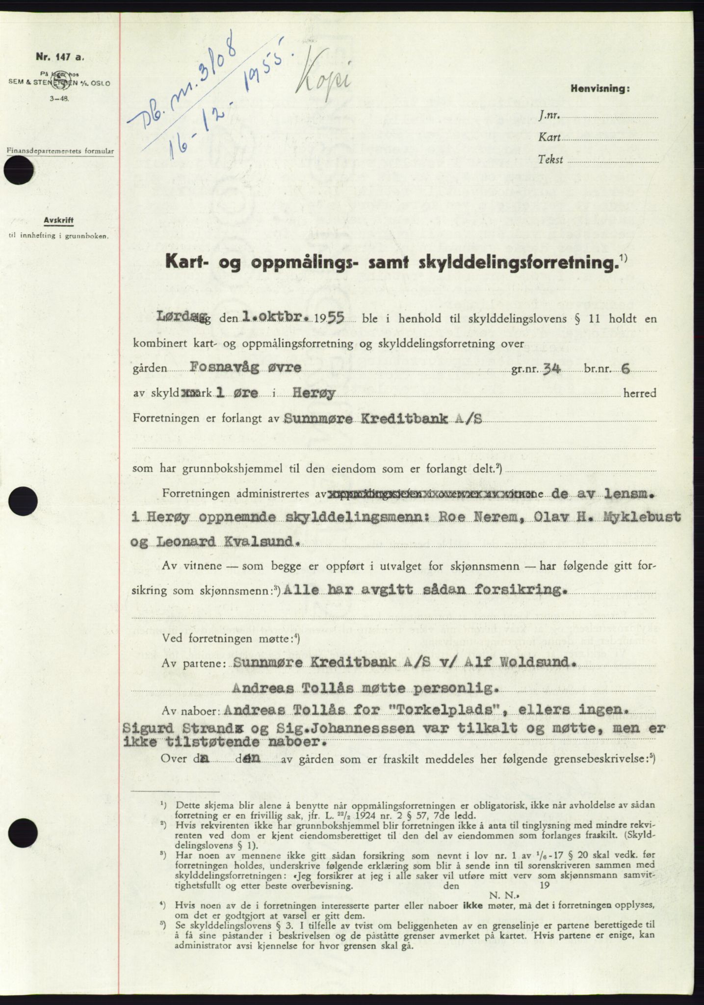 Søre Sunnmøre sorenskriveri, AV/SAT-A-4122/1/2/2C/L0102: Mortgage book no. 28A, 1955-1956, Diary no: : 3108/1955