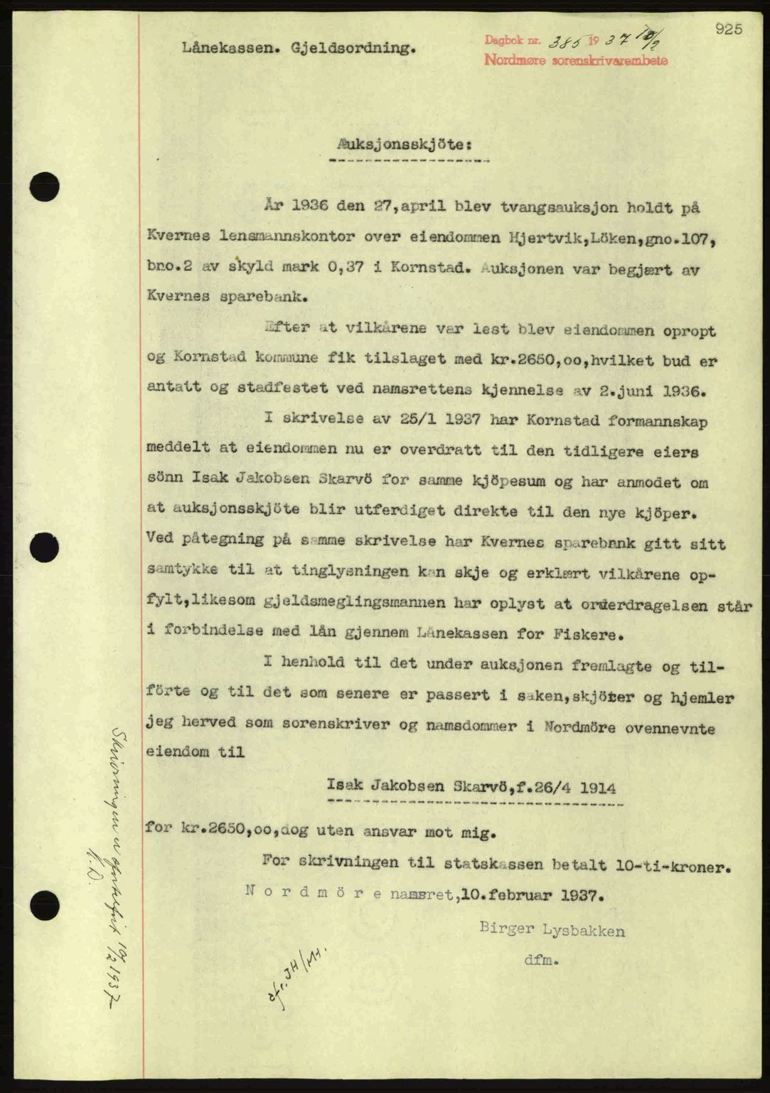 Nordmøre sorenskriveri, AV/SAT-A-4132/1/2/2Ca: Mortgage book no. A80, 1936-1937, Diary no: : 385/1937