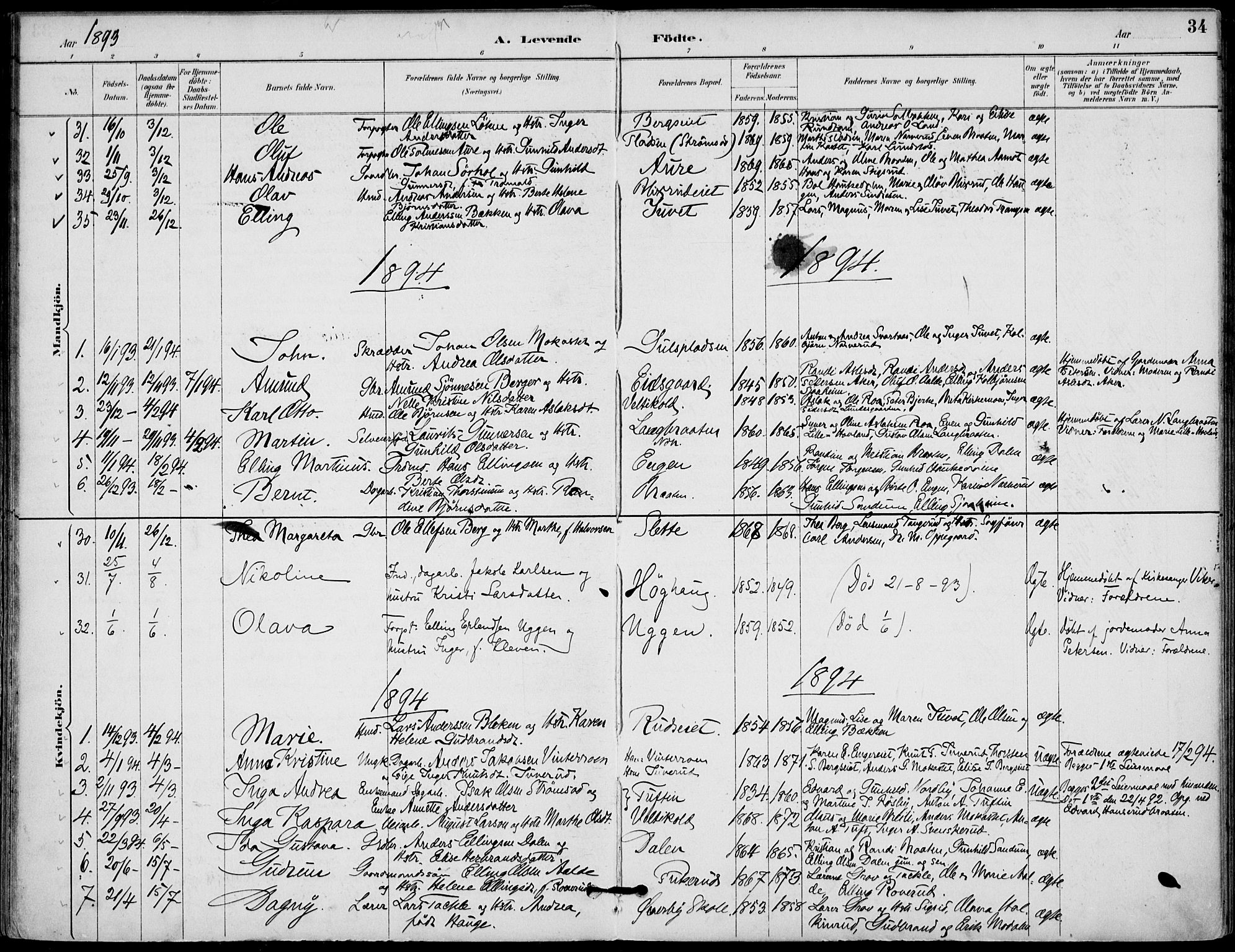 Lunder kirkebøker, AV/SAKO-A-629/F/Fa/L0001: Parish register (official) no. I 1, 1885-1912, p. 34