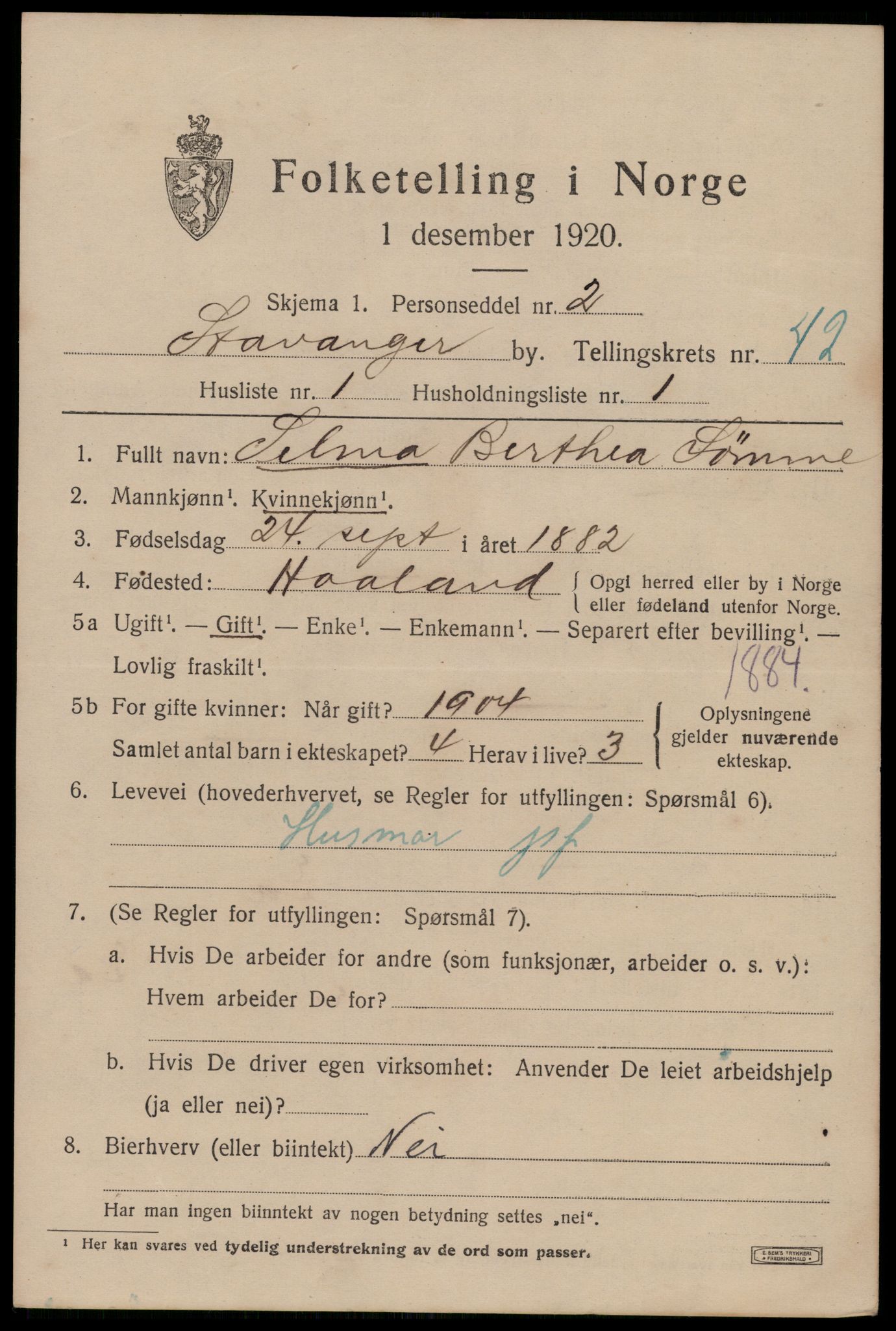 SAST, 1920 census for Stavanger, 1920, p. 105138