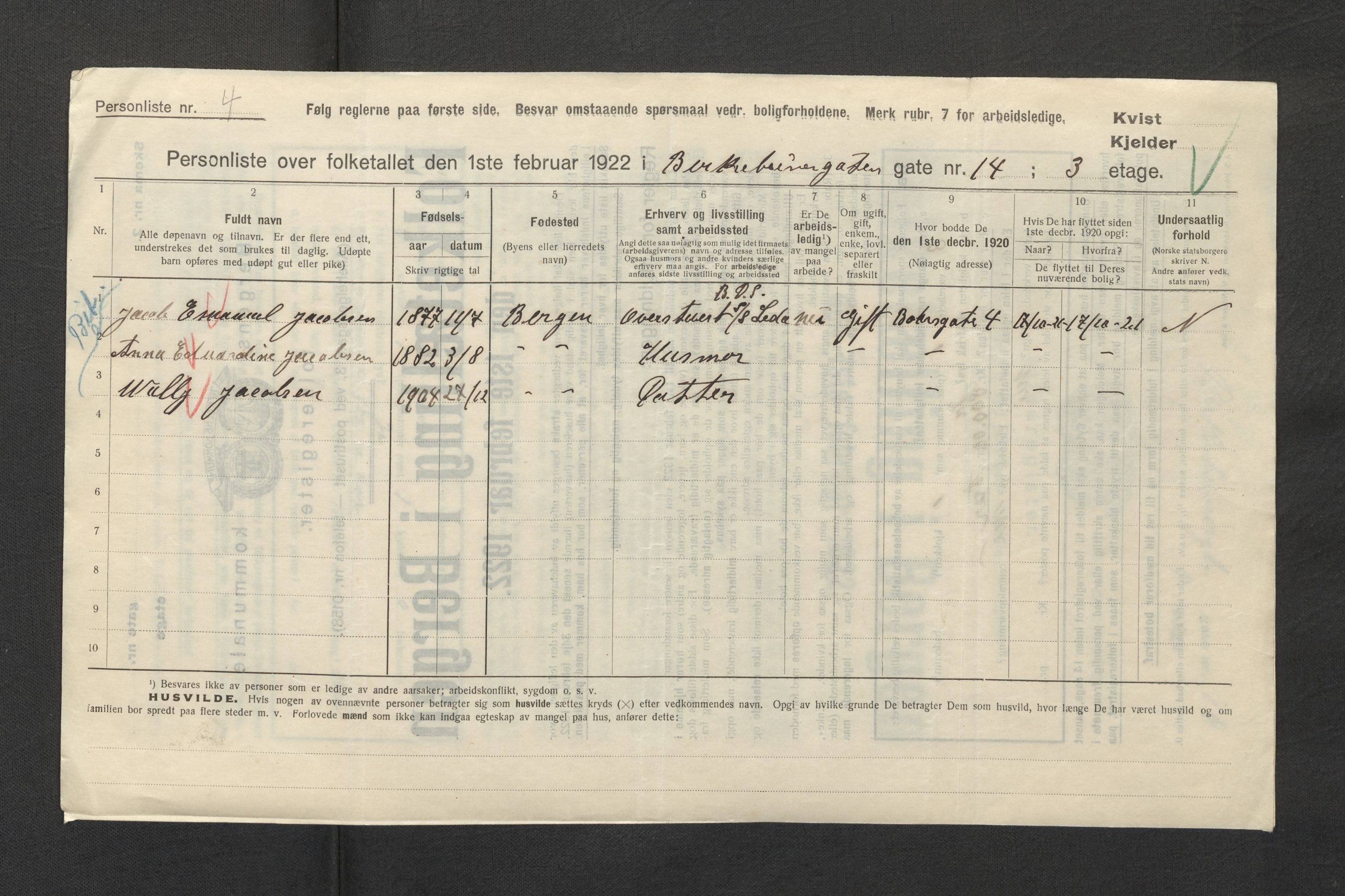 SAB, Municipal Census 1922 for Bergen, 1922, p. 2758