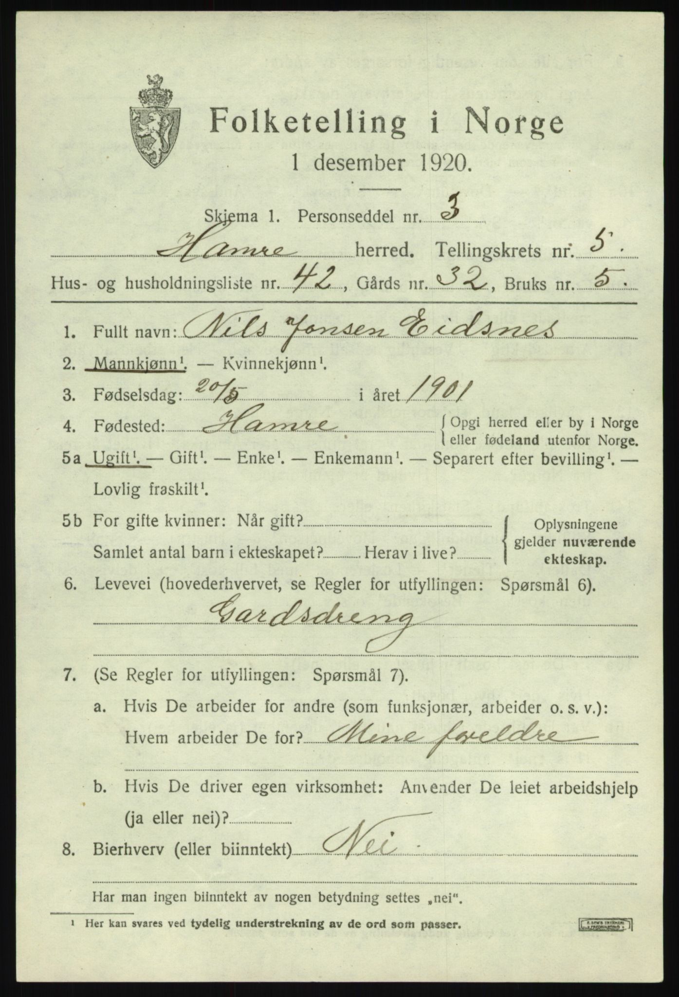 SAB, 1920 census for Hamre, 1920, p. 3417