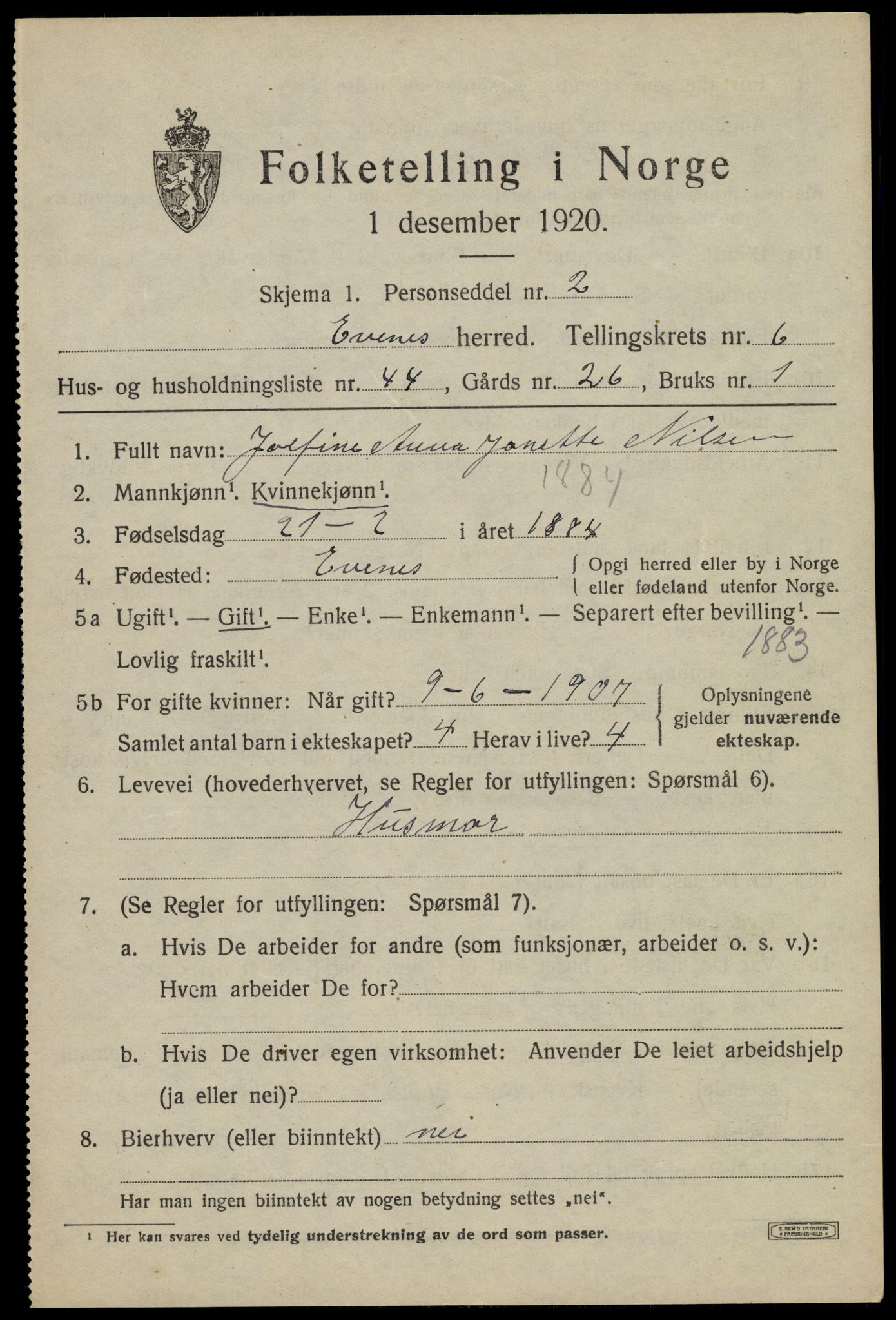 SAT, 1920 census for Evenes, 1920, p. 6028