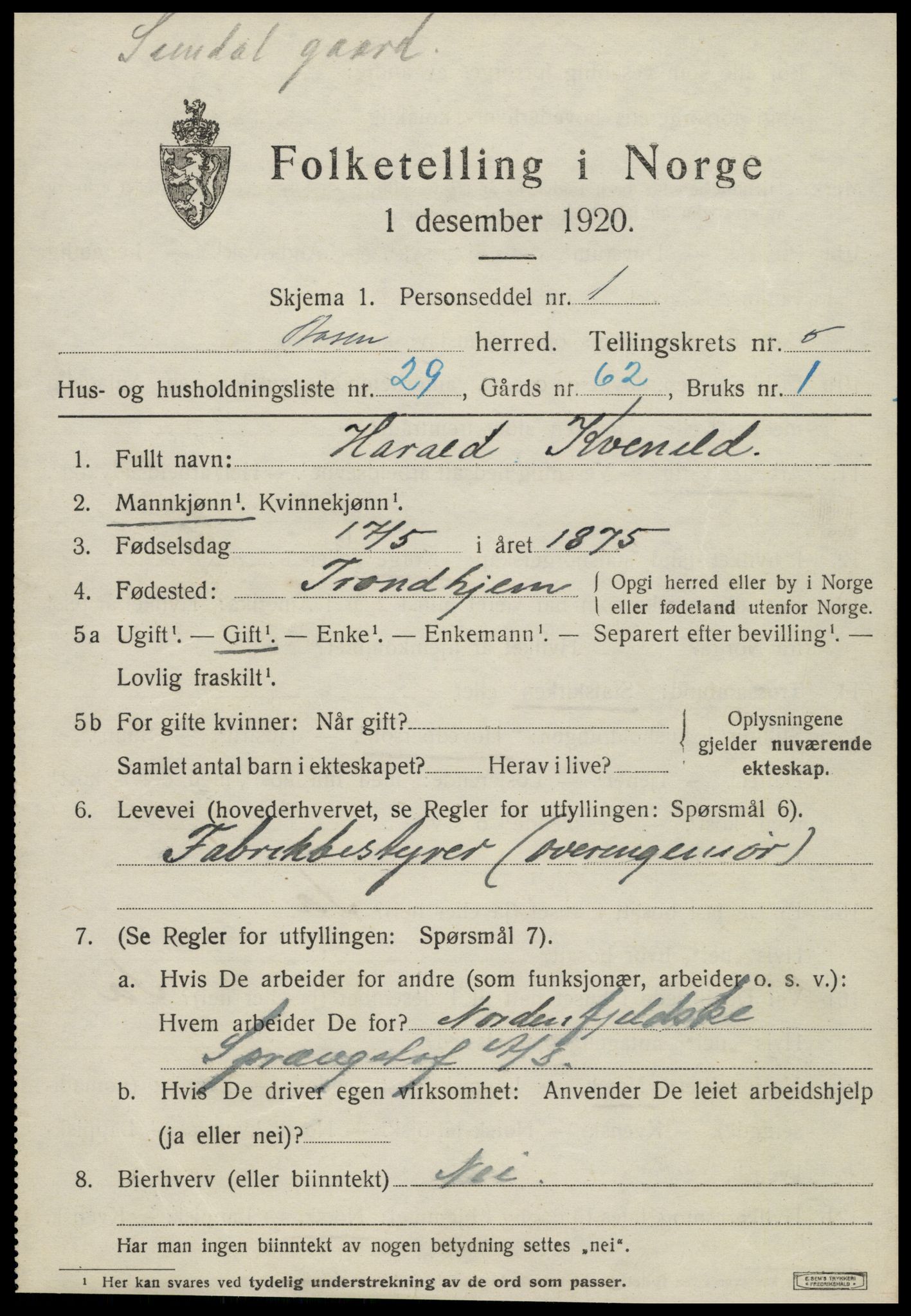 SAT, 1920 census for Åsen, 1920, p. 4318