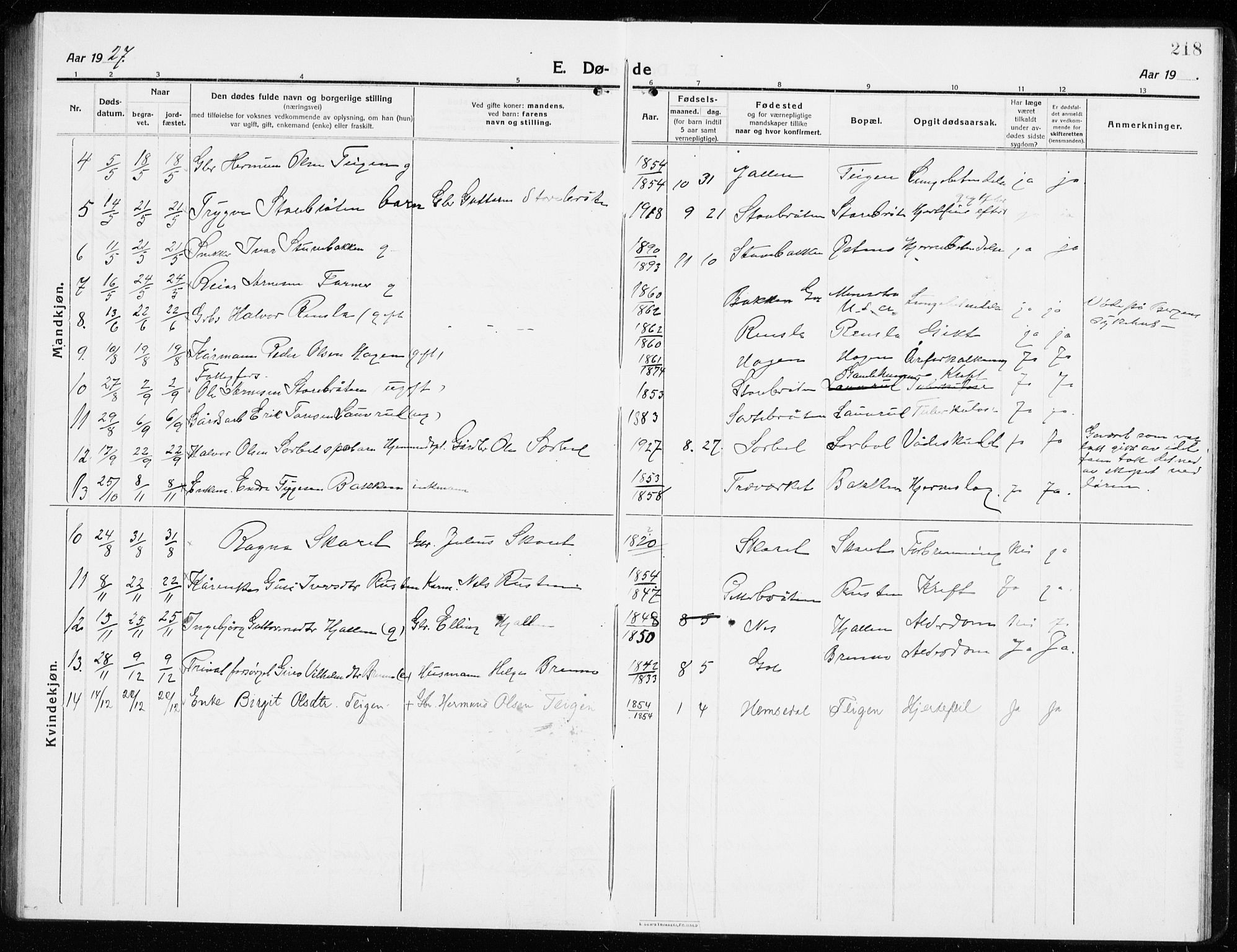 Gol kirkebøker, SAKO/A-226/G/Ga/L0004: Parish register (copy) no. I 4, 1915-1943, p. 218