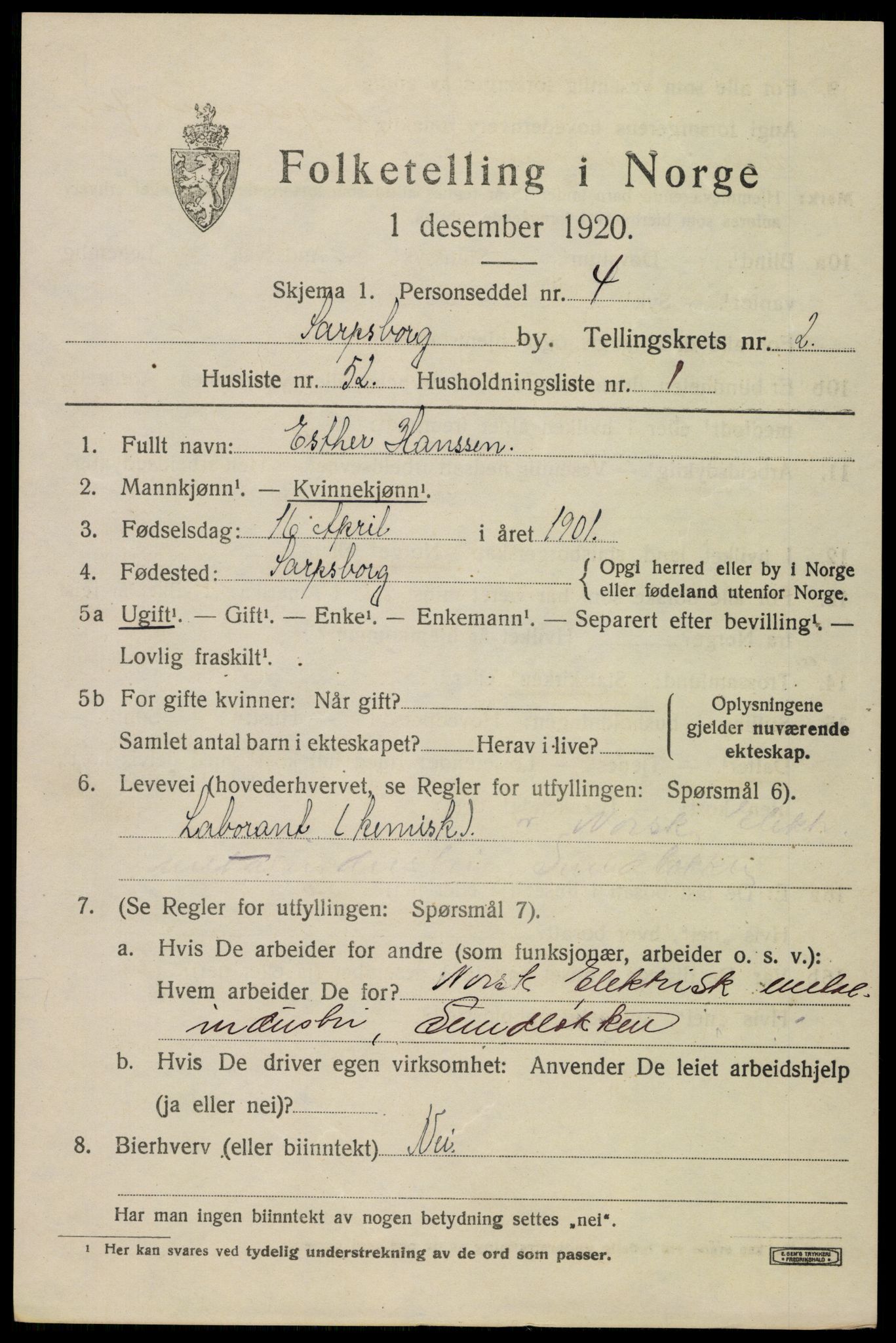 SAO, 1920 census for Sarpsborg, 1920, p. 10256