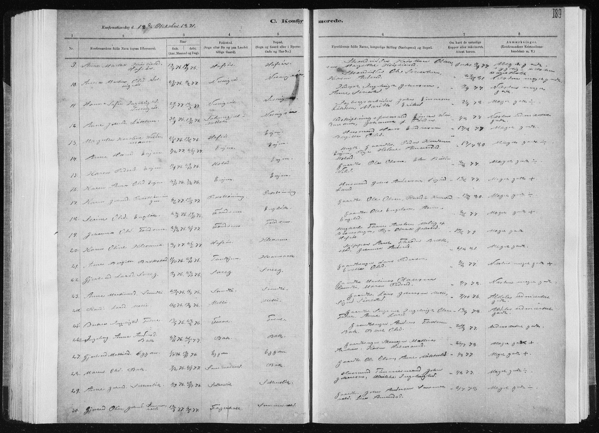 Ministerialprotokoller, klokkerbøker og fødselsregistre - Sør-Trøndelag, AV/SAT-A-1456/668/L0818: Parish register (copy) no. 668C07, 1885-1898, p. 189