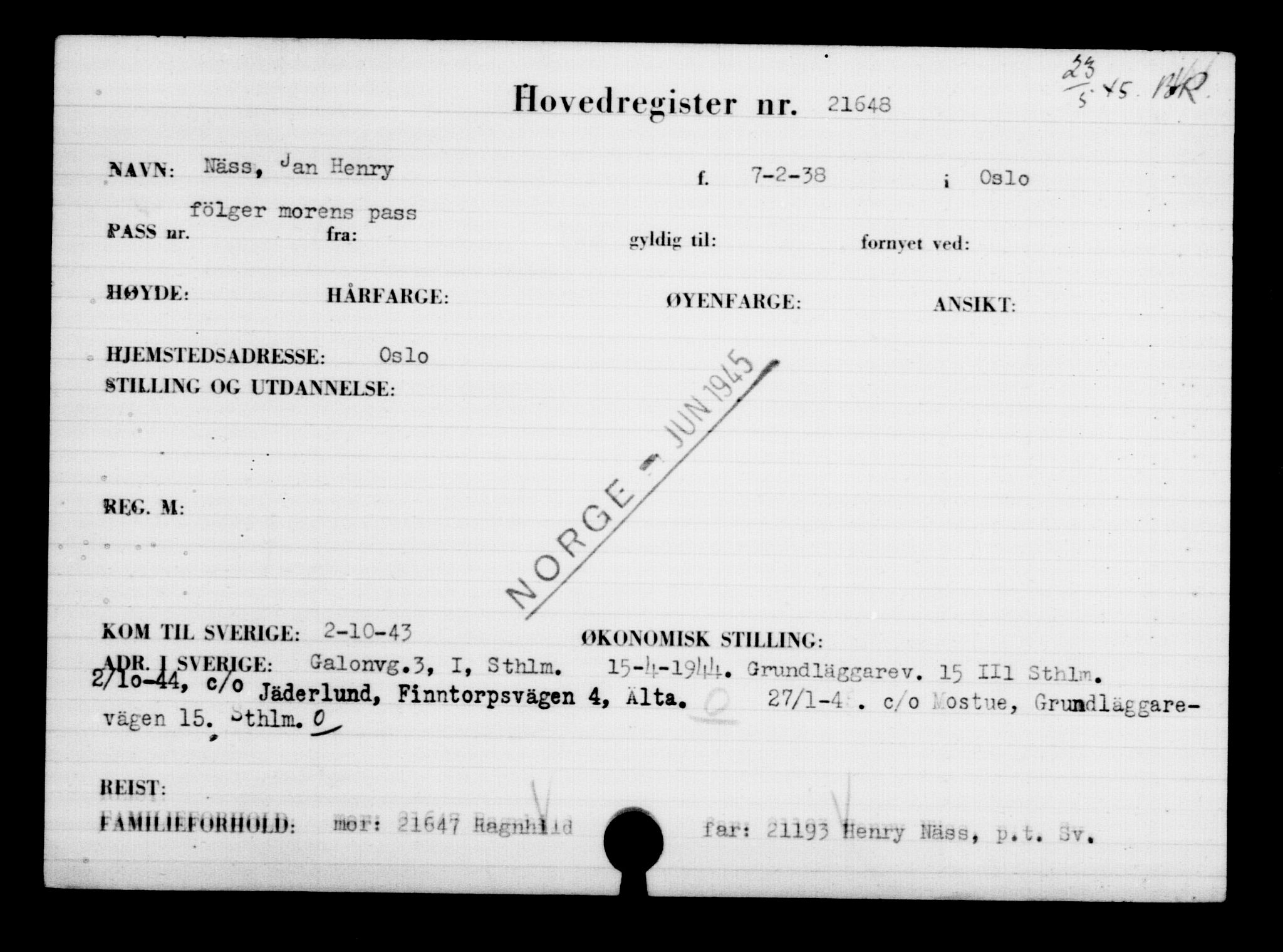 Utenriksstasjonene, Legasjonen i Stockholm, Flyktningkontoret, AV/RA-S-6753/V/Va/L0009: Kjesäterkartoteket, flyktninger med registreringsnr. 18502-22048, 1940-1945, p. 2673