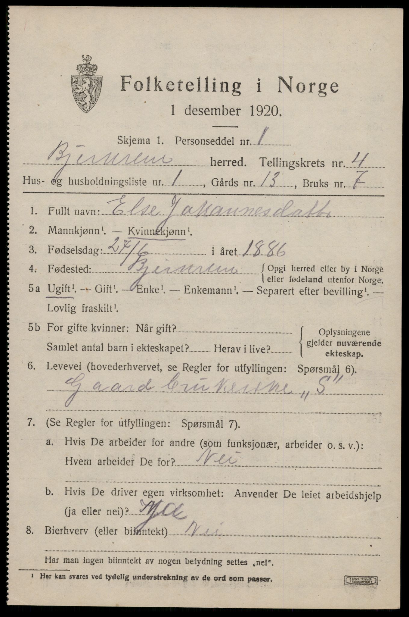 SAST, 1920 census for Bjerkreim, 1920, p. 1768