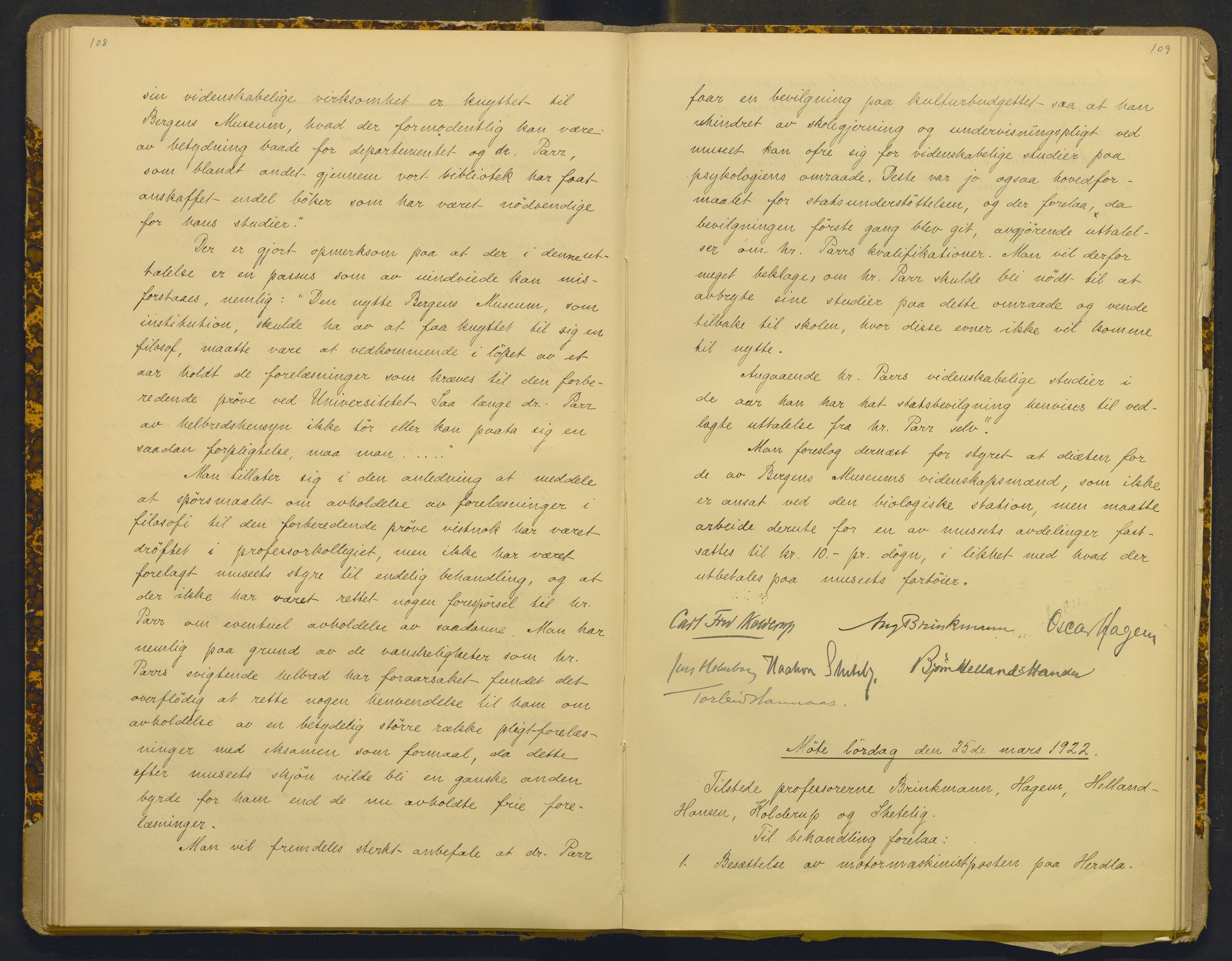 Bergens Museum, AV/SAB-A-17301/18/A/L0001: Bestyrerkollegiets forhandlingsprotokoll med register , 1907-1927, p. 108-109