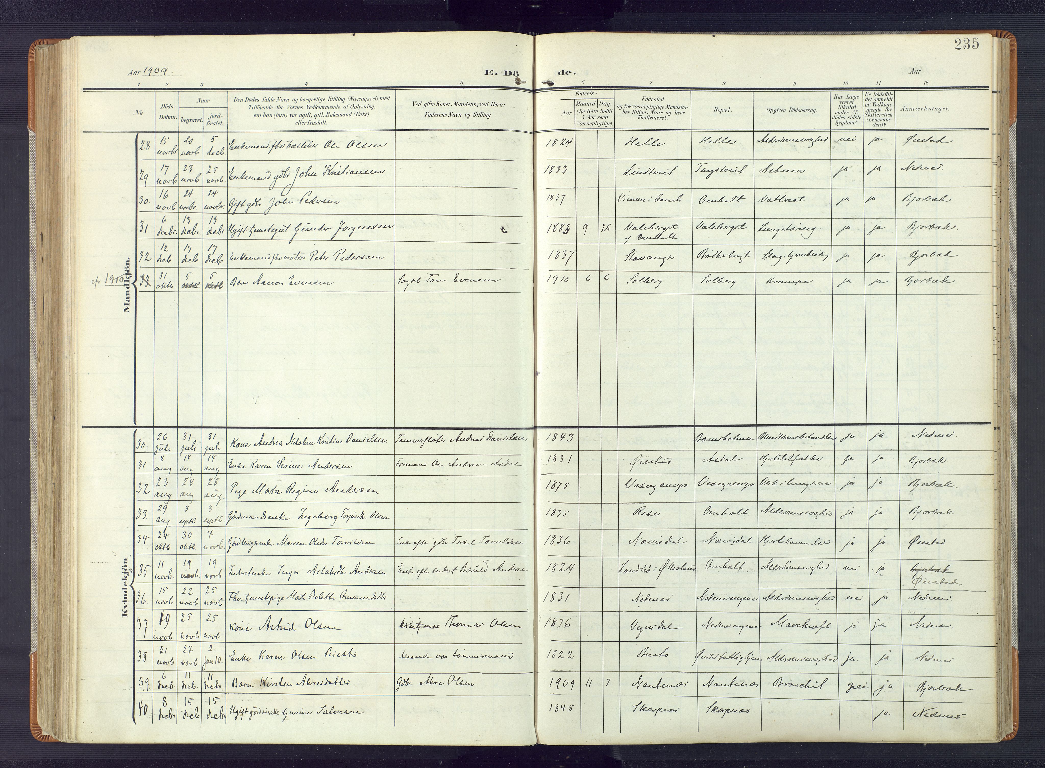 Øyestad sokneprestkontor, AV/SAK-1111-0049/F/Fa/L0019: Parish register (official) no. A 19, 1908-1922, p. 235