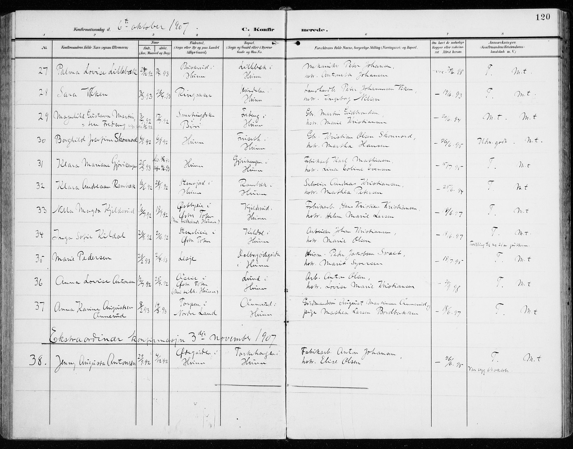 Vardal prestekontor, SAH/PREST-100/H/Ha/Haa/L0016: Parish register (official) no. 16, 1904-1916, p. 120