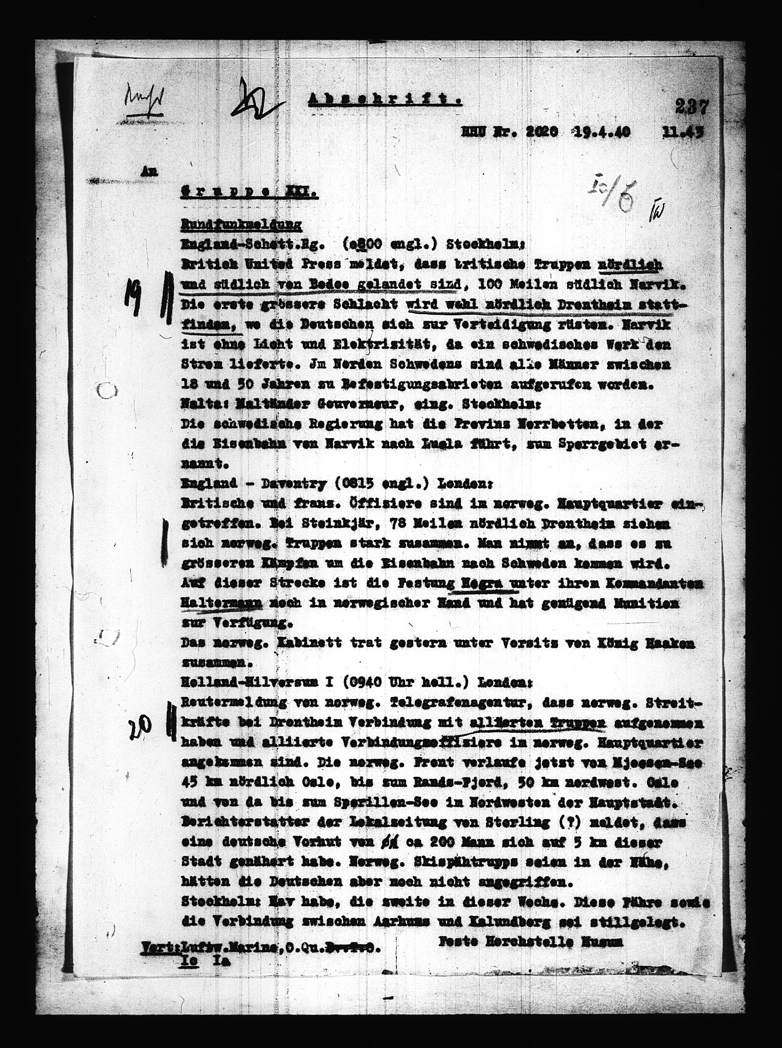 Documents Section, AV/RA-RAFA-2200/V/L0085: Amerikansk mikrofilm "Captured German Documents".
Box No. 724.  FKA jnr. 615/1954., 1940-1941, p. 11