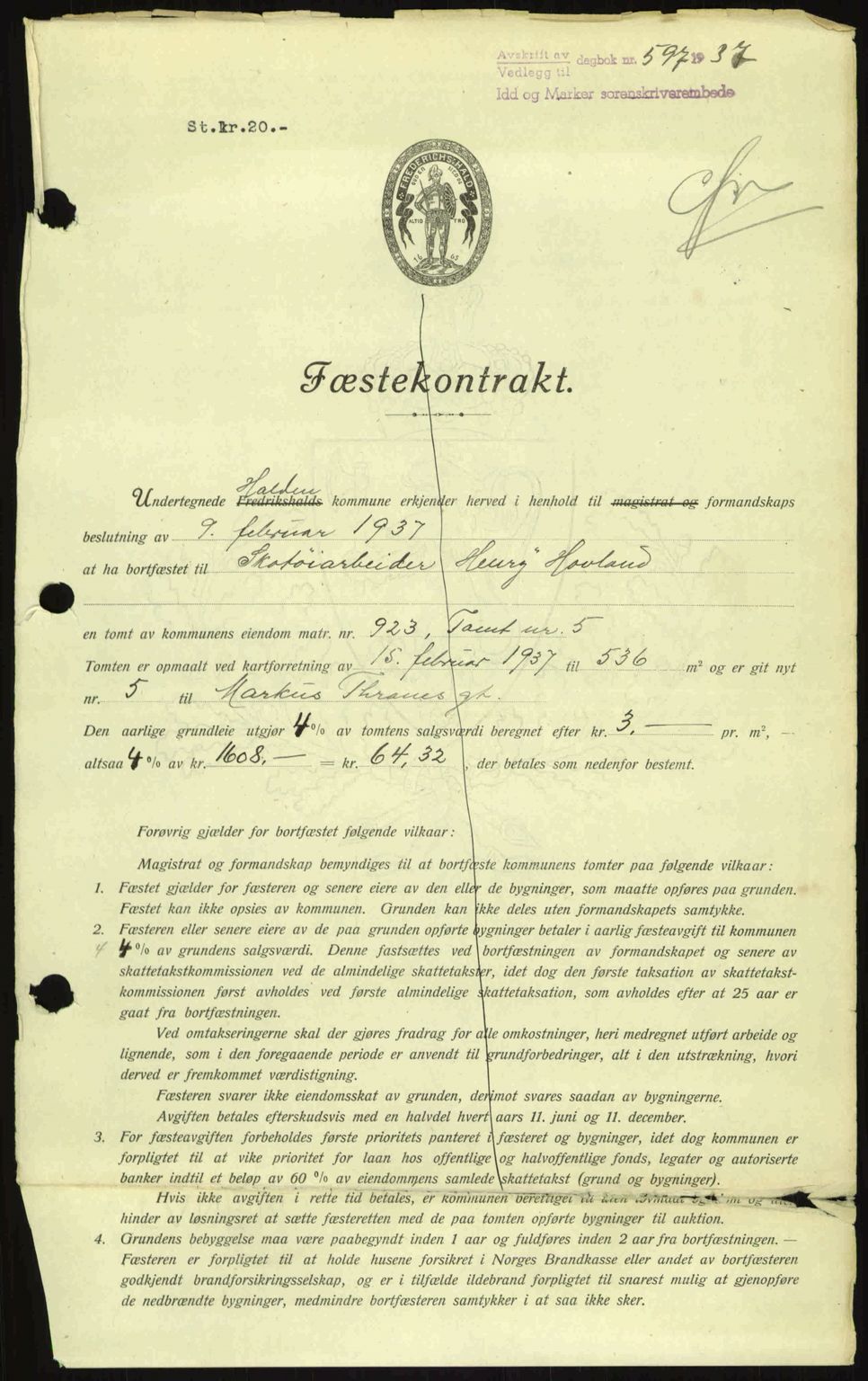 Idd og Marker sorenskriveri, AV/SAO-A-10283/G/Gb/Gbb/L0002: Mortgage book no. A2, 1937-1938, Diary no: : 597/1937