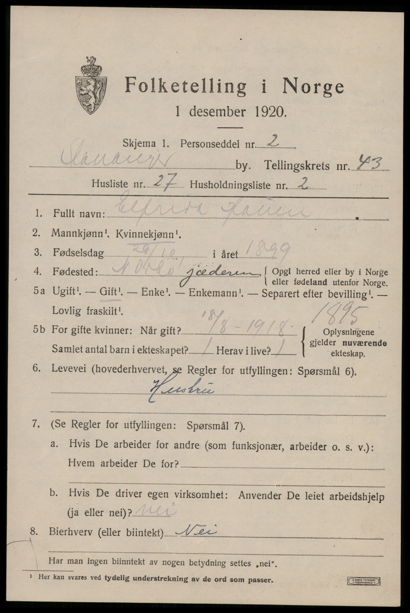 SAST, 1920 census for Stavanger, 1920, p. 107230