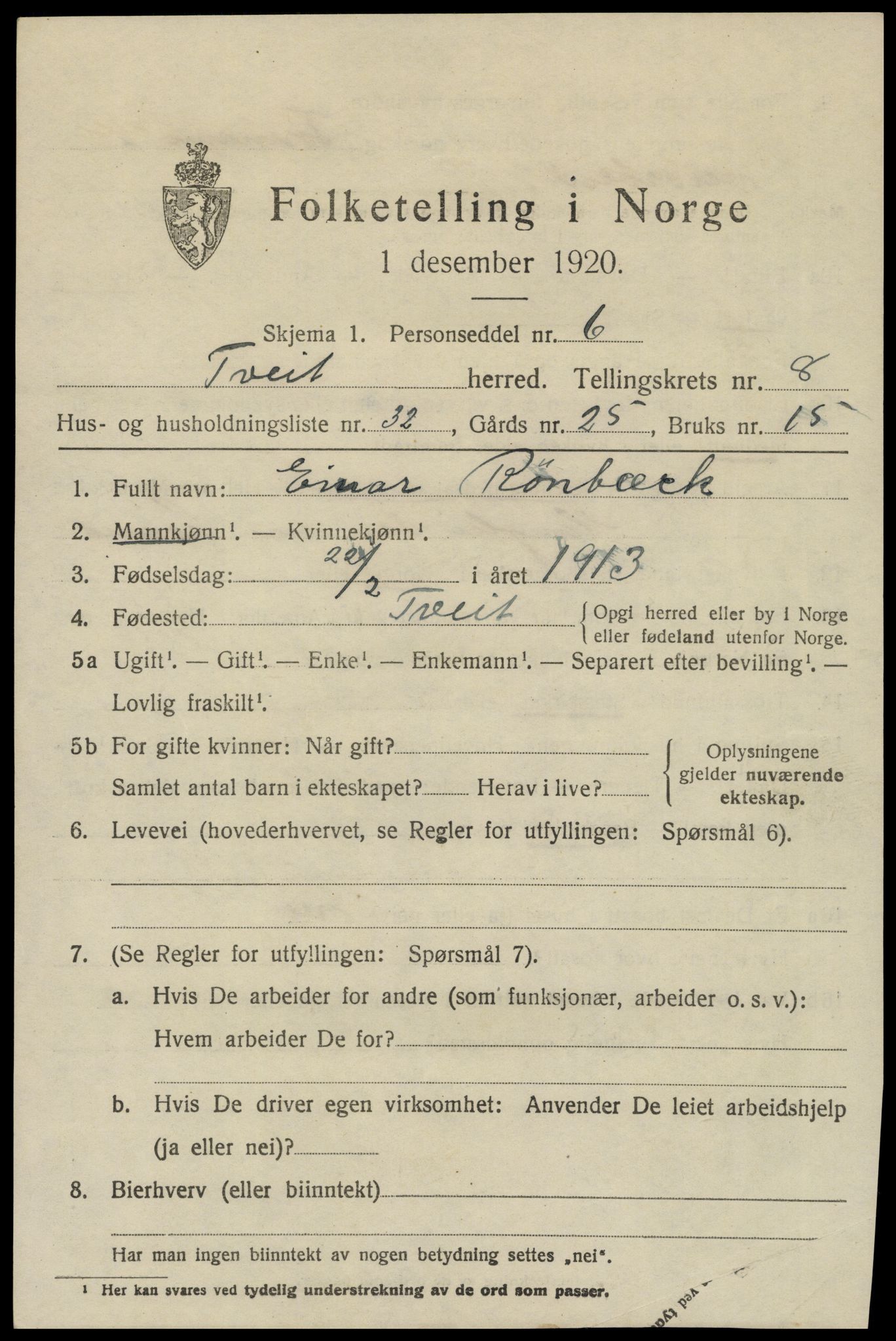 SAK, 1920 census for Tveit, 1920, p. 3866