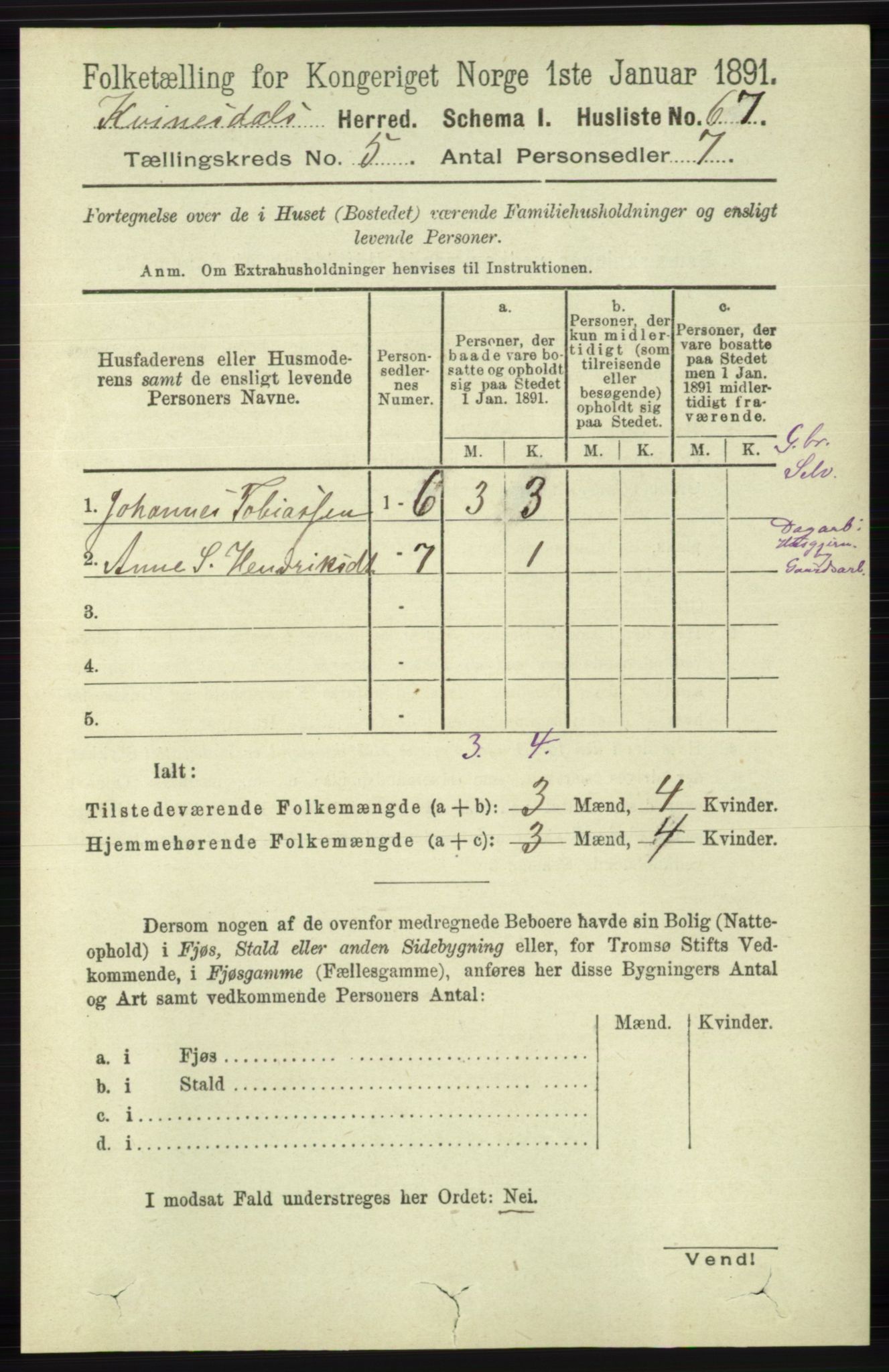 RA, 1891 census for 1037 Kvinesdal, 1891, p. 1692