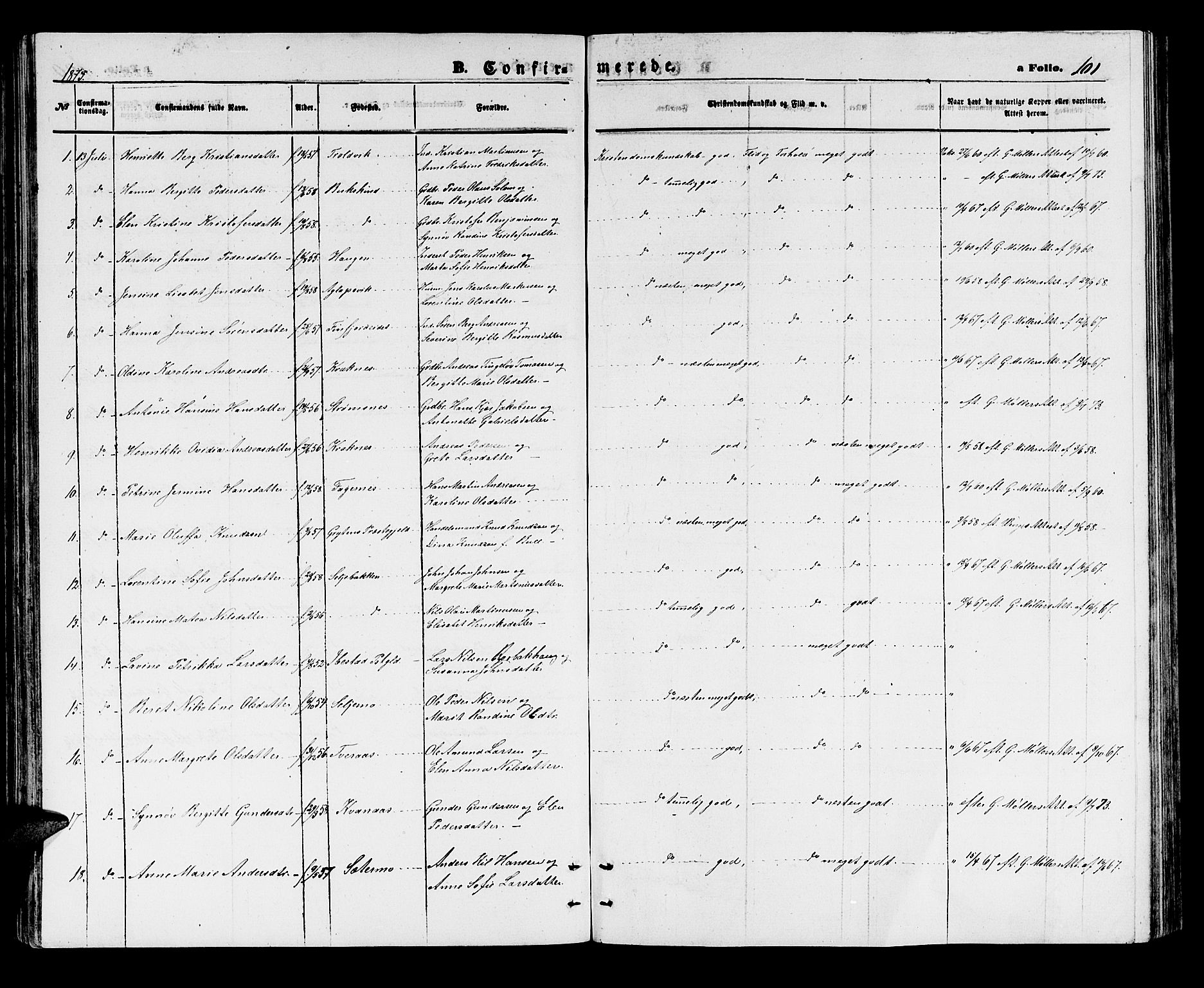 Lenvik sokneprestembete, SATØ/S-1310/H/Ha/Hab/L0005klokker: Parish register (copy) no. 5, 1870-1880, p. 101