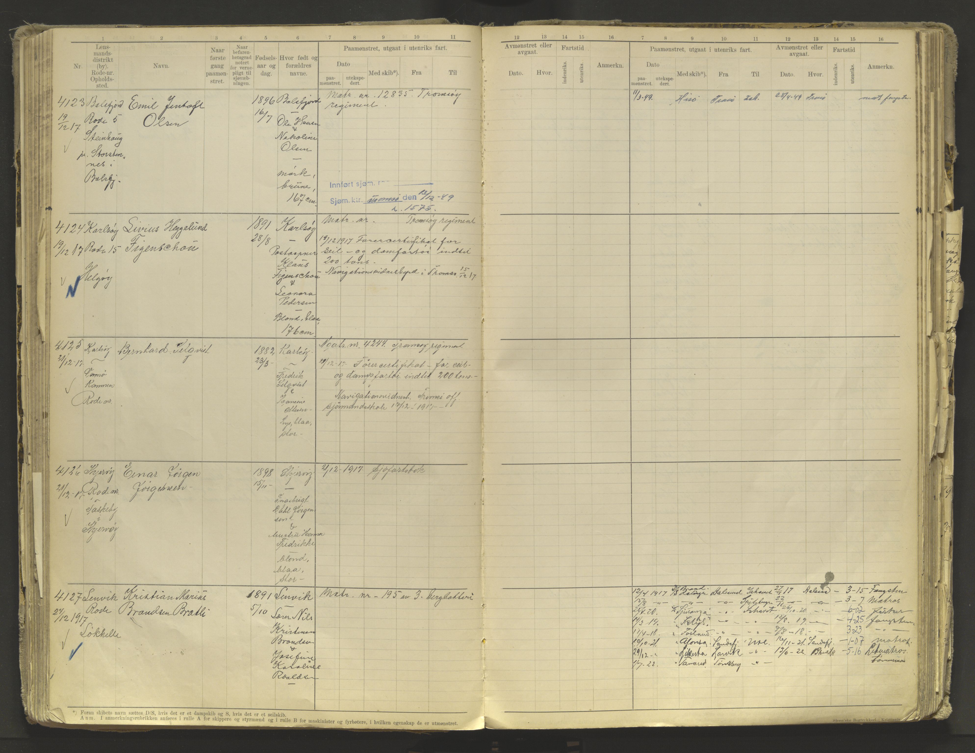 Tromsø sjømannskontor/innrullerings-/mønstringsdistrikt, AV/SATØ-S-0243/F/Fb/L0010: Annotasjonsrulle. Defekt: løs innbinding. Nr. 3519-4972, 1916-1920