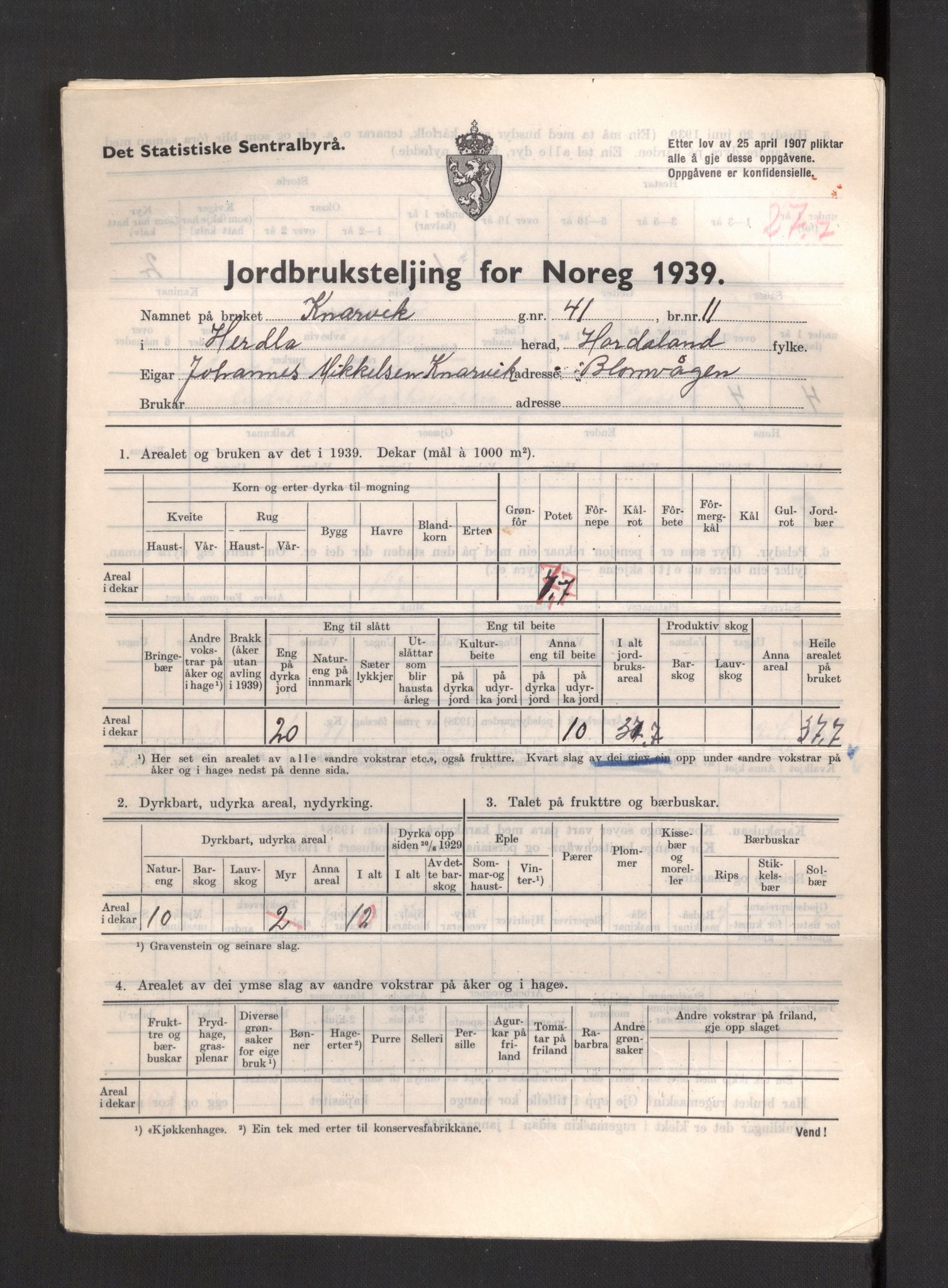 Statistisk sentralbyrå, Næringsøkonomiske emner, Jordbruk, skogbruk, jakt, fiske og fangst, AV/RA-S-2234/G/Gb/L0211: Hordaland: Herdla, Hjelme og Manger, 1939, p. 1001