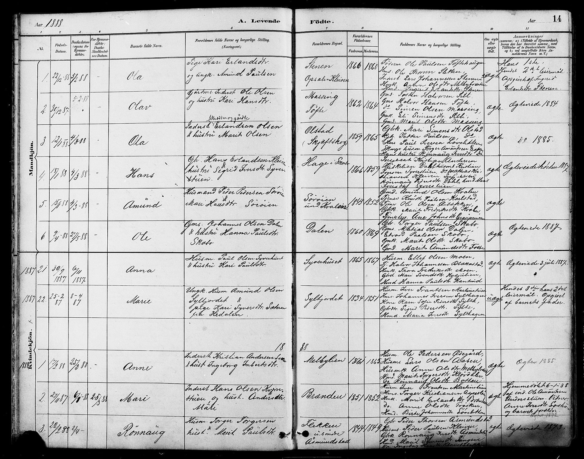 Nord-Fron prestekontor, SAH/PREST-080/H/Ha/Hab/L0005: Parish register (copy) no. 5, 1884-1914, p. 14