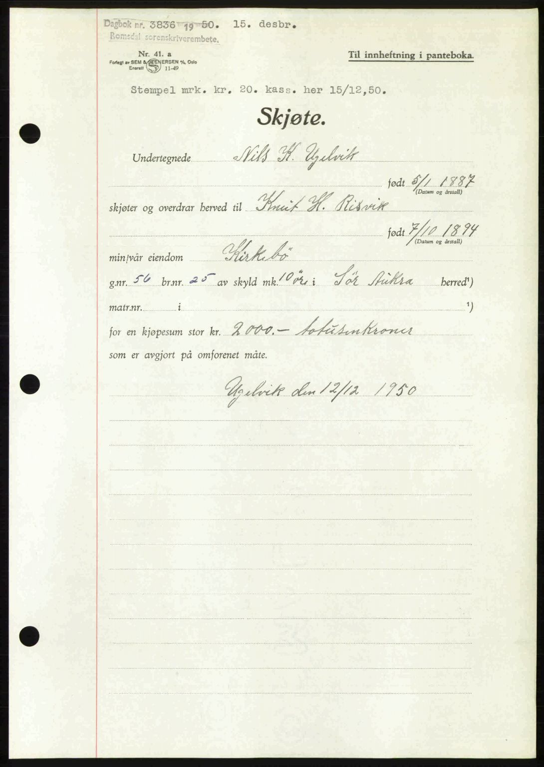 Romsdal sorenskriveri, AV/SAT-A-4149/1/2/2C: Mortgage book no. A35, 1950-1950, Diary no: : 3836/1950