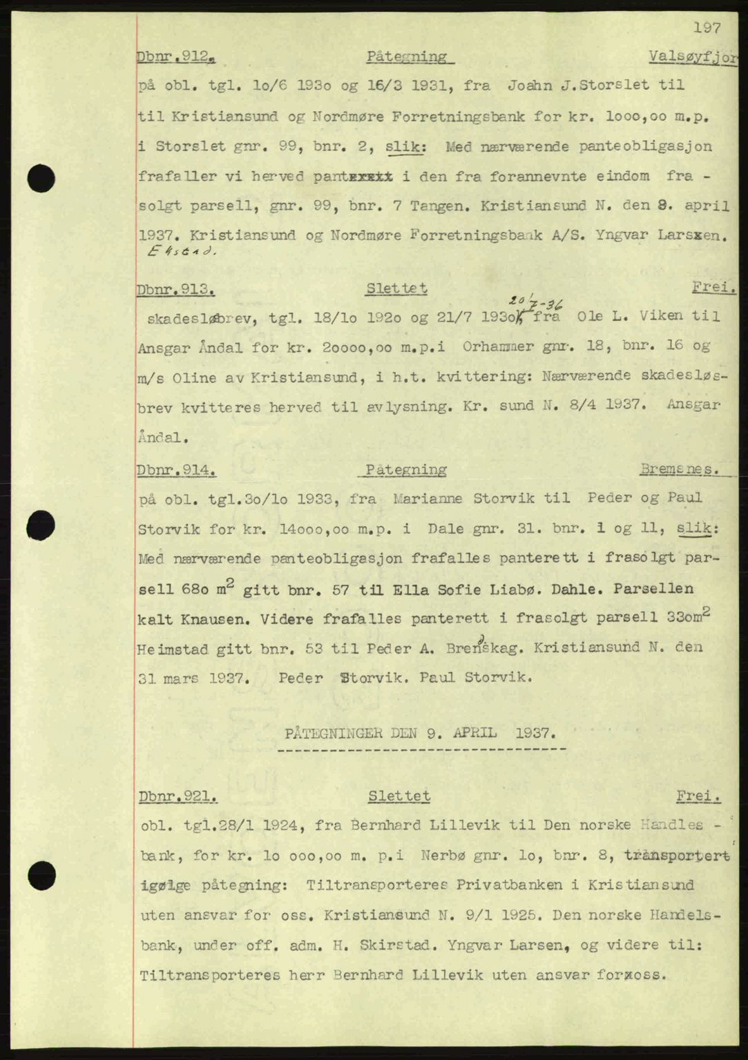 Nordmøre sorenskriveri, AV/SAT-A-4132/1/2/2Ca: Mortgage book no. C80, 1936-1939, Diary no: : 912/1937