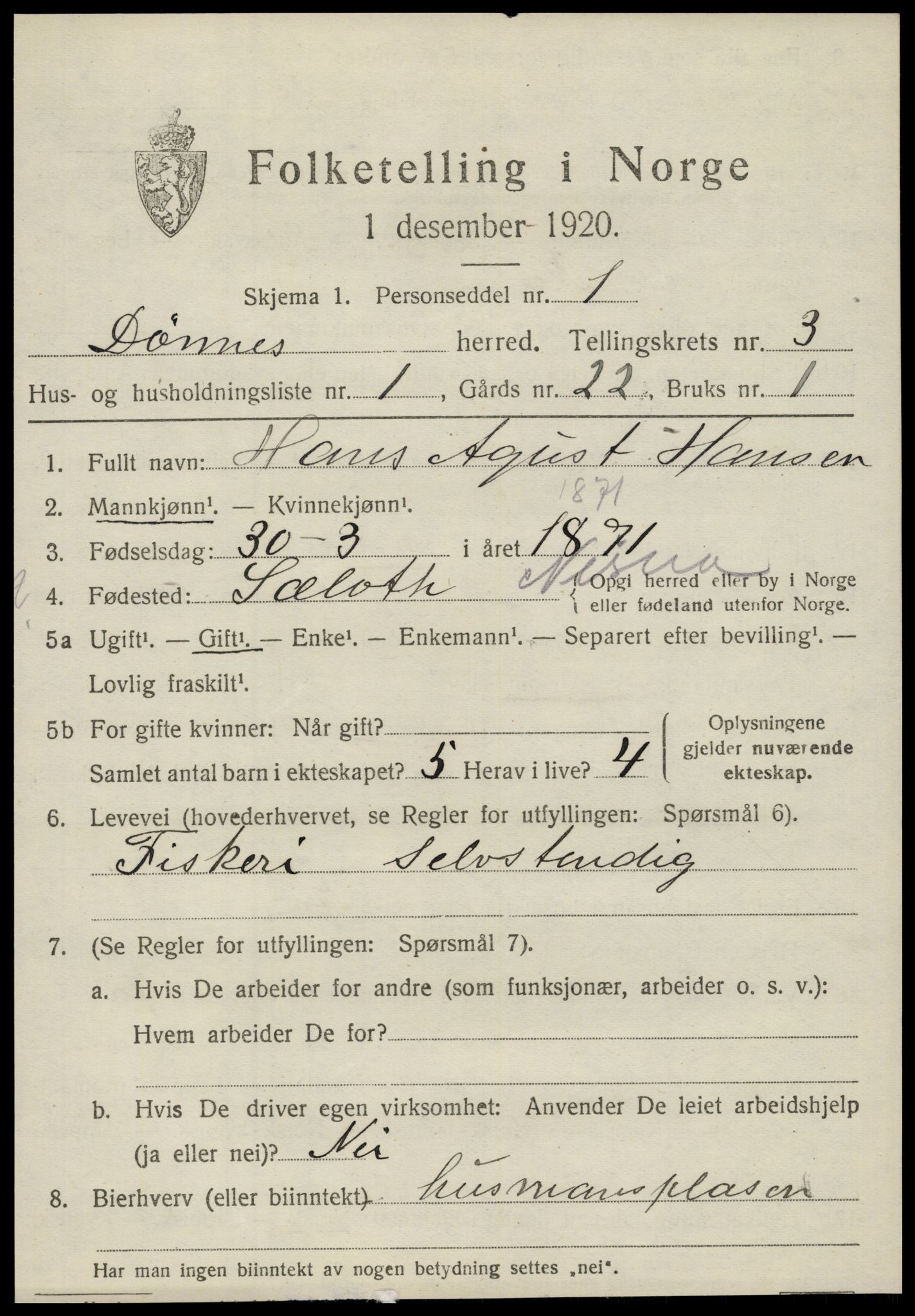 SAT, 1920 census for Dønnes, 1920, p. 1678