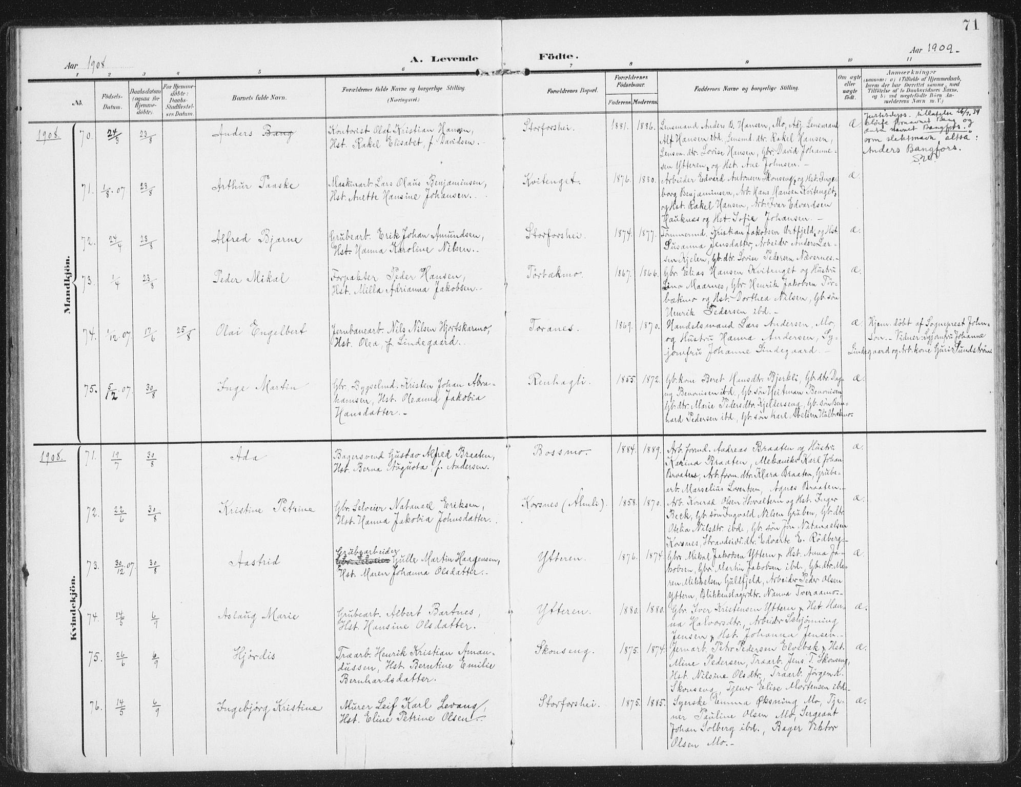 Ministerialprotokoller, klokkerbøker og fødselsregistre - Nordland, AV/SAT-A-1459/827/L0402: Parish register (official) no. 827A14, 1903-1912, p. 71