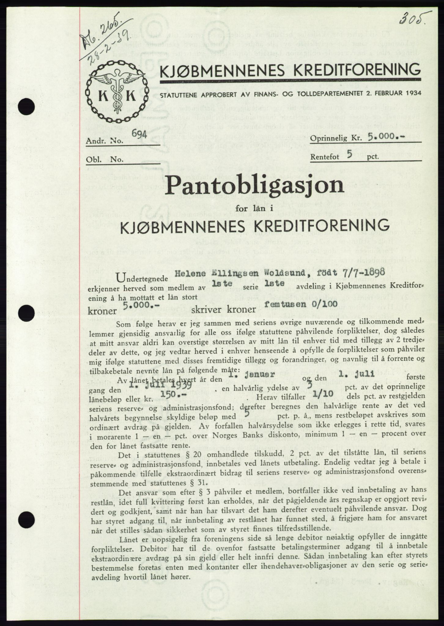 Søre Sunnmøre sorenskriveri, AV/SAT-A-4122/1/2/2C/L0067: Mortgage book no. 61, 1938-1939, Diary no: : 265/1939