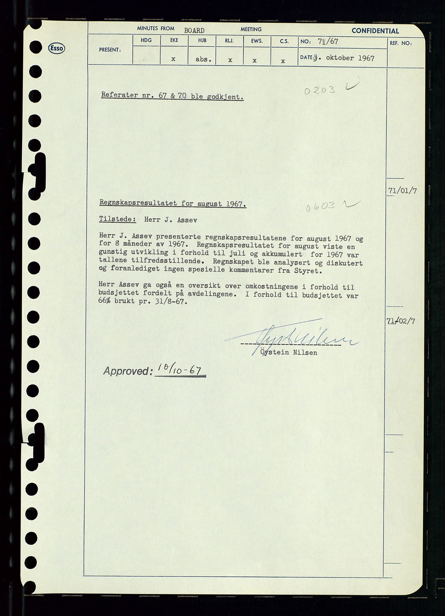 Pa 0982 - Esso Norge A/S, AV/SAST-A-100448/A/Aa/L0002/0003: Den administrerende direksjon Board minutes (styrereferater) / Den administrerende direksjon Board minutes (styrereferater), 1967, p. 144