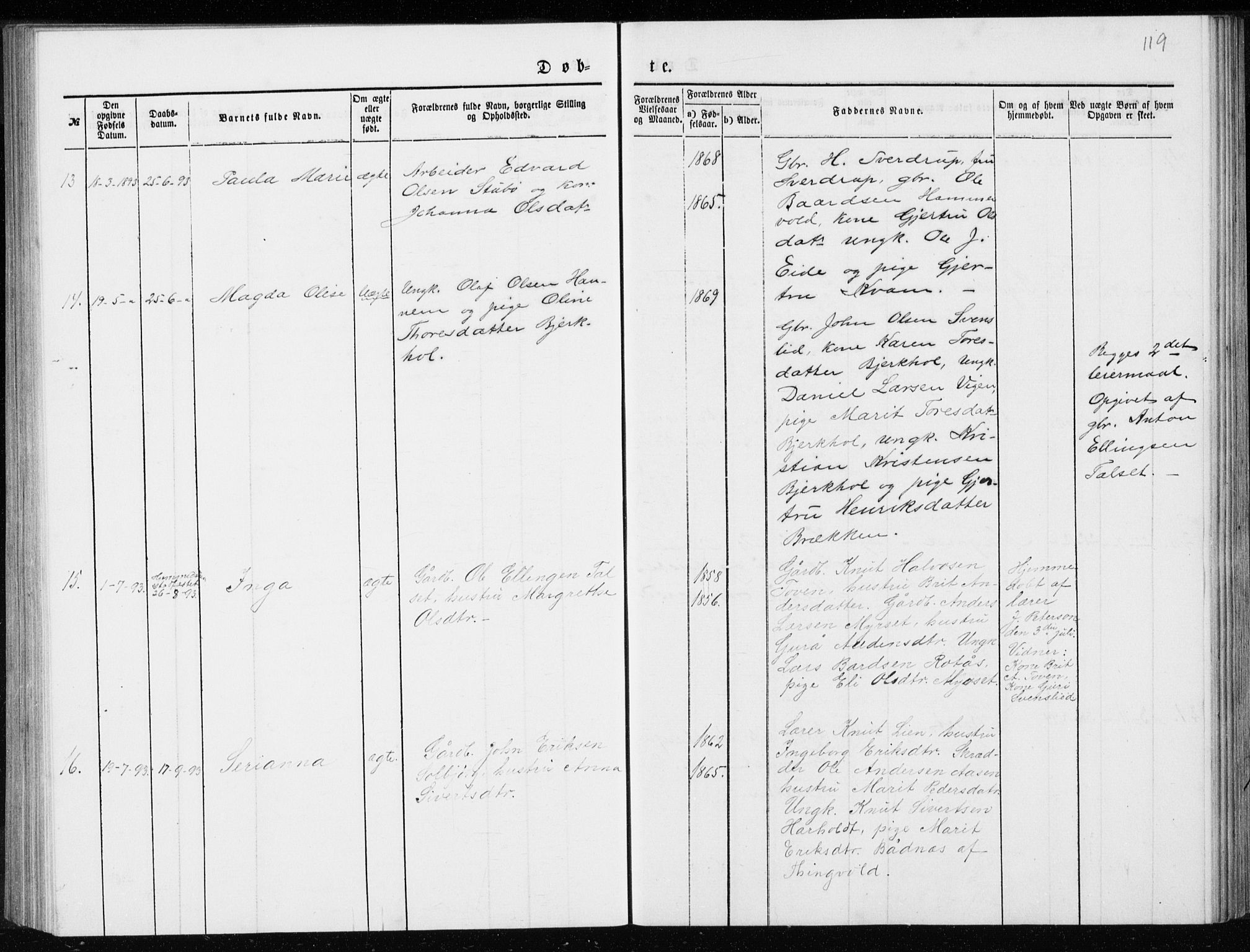 Ministerialprotokoller, klokkerbøker og fødselsregistre - Møre og Romsdal, AV/SAT-A-1454/551/L0631: Parish register (copy) no. 551C03, 1886-1894, p. 119