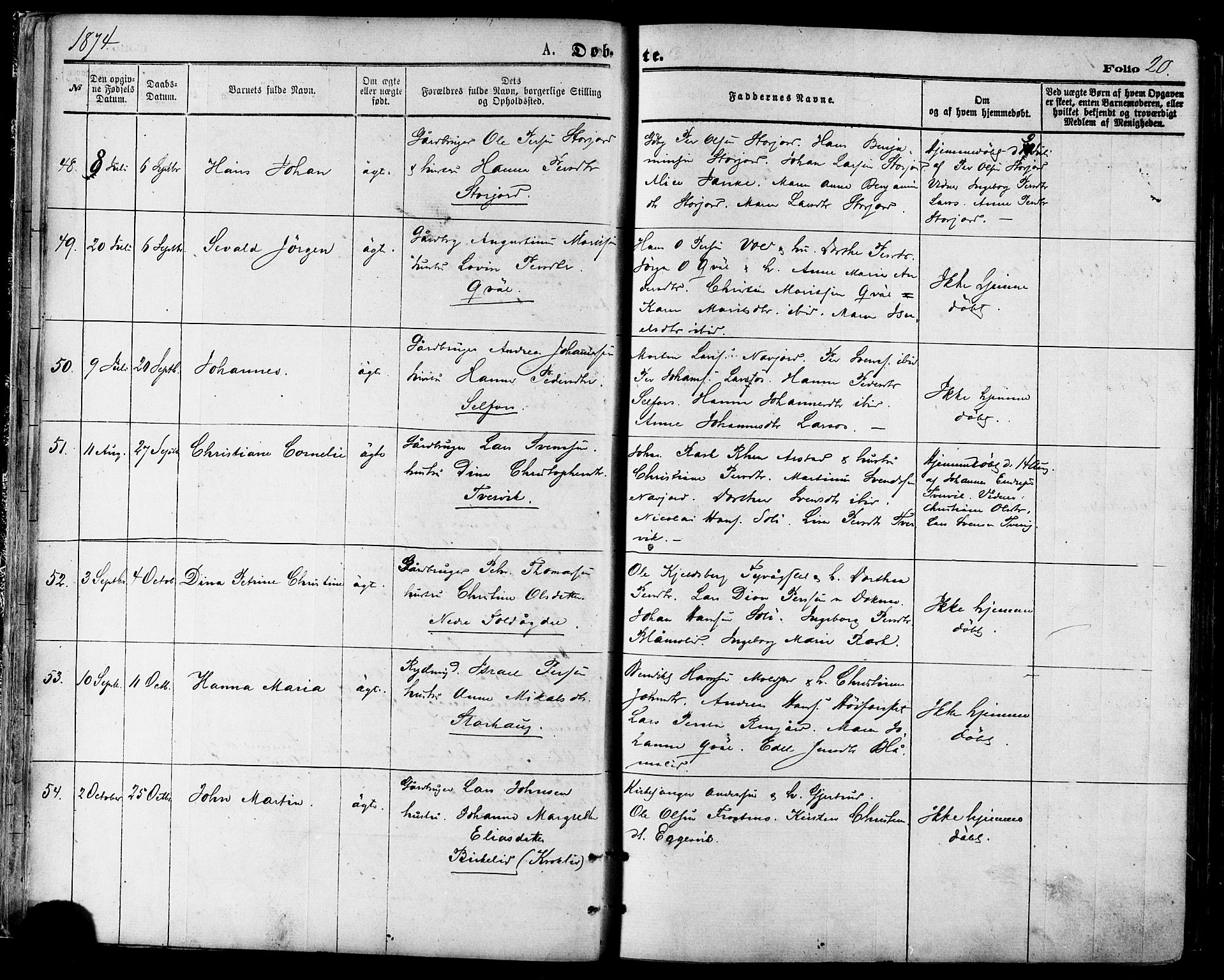 Ministerialprotokoller, klokkerbøker og fødselsregistre - Nordland, SAT/A-1459/846/L0645: Parish register (official) no. 846A03, 1872-1886, p. 20