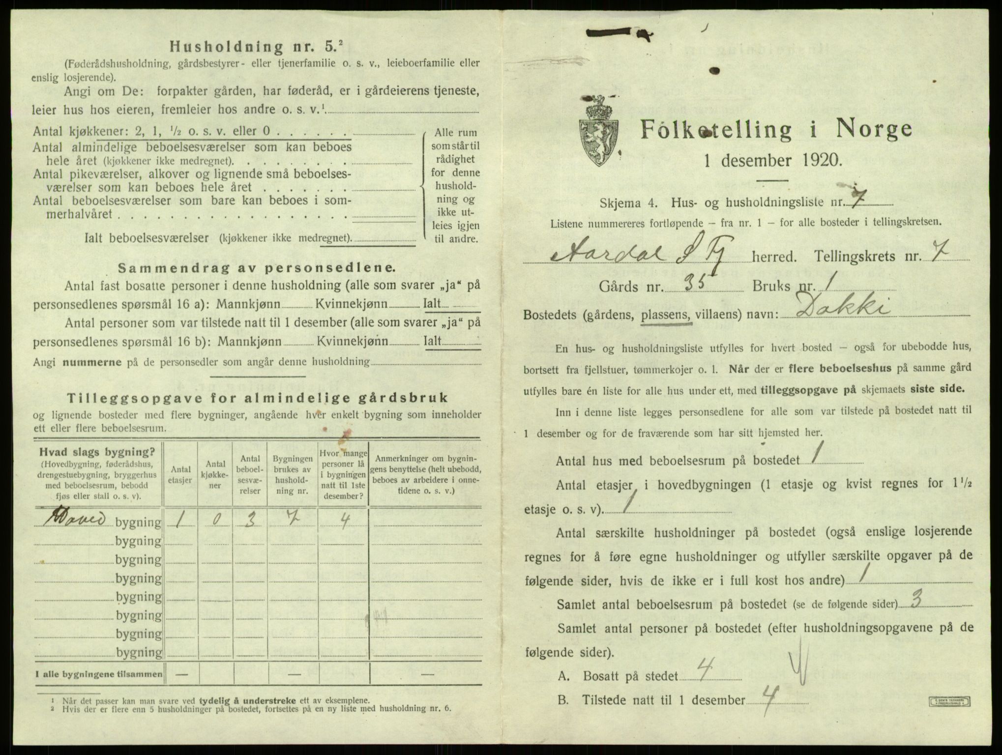 SAB, 1920 census for Årdal, 1920, p. 456