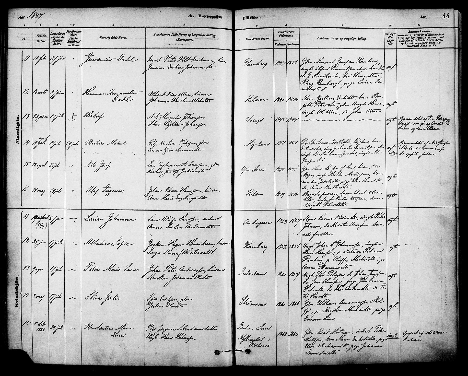 Ministerialprotokoller, klokkerbøker og fødselsregistre - Nordland, AV/SAT-A-1459/885/L1204: Parish register (official) no. 885A05, 1878-1892, p. 44